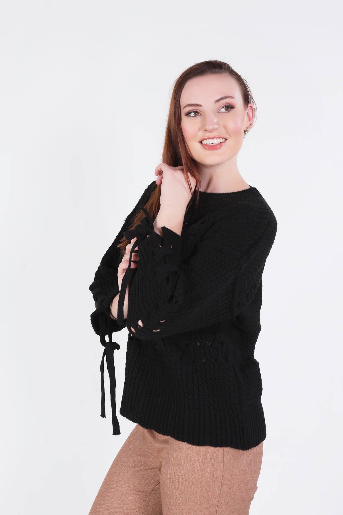 Siyah Kol Bağlama Detay Delikli Kazak 7588 - 3