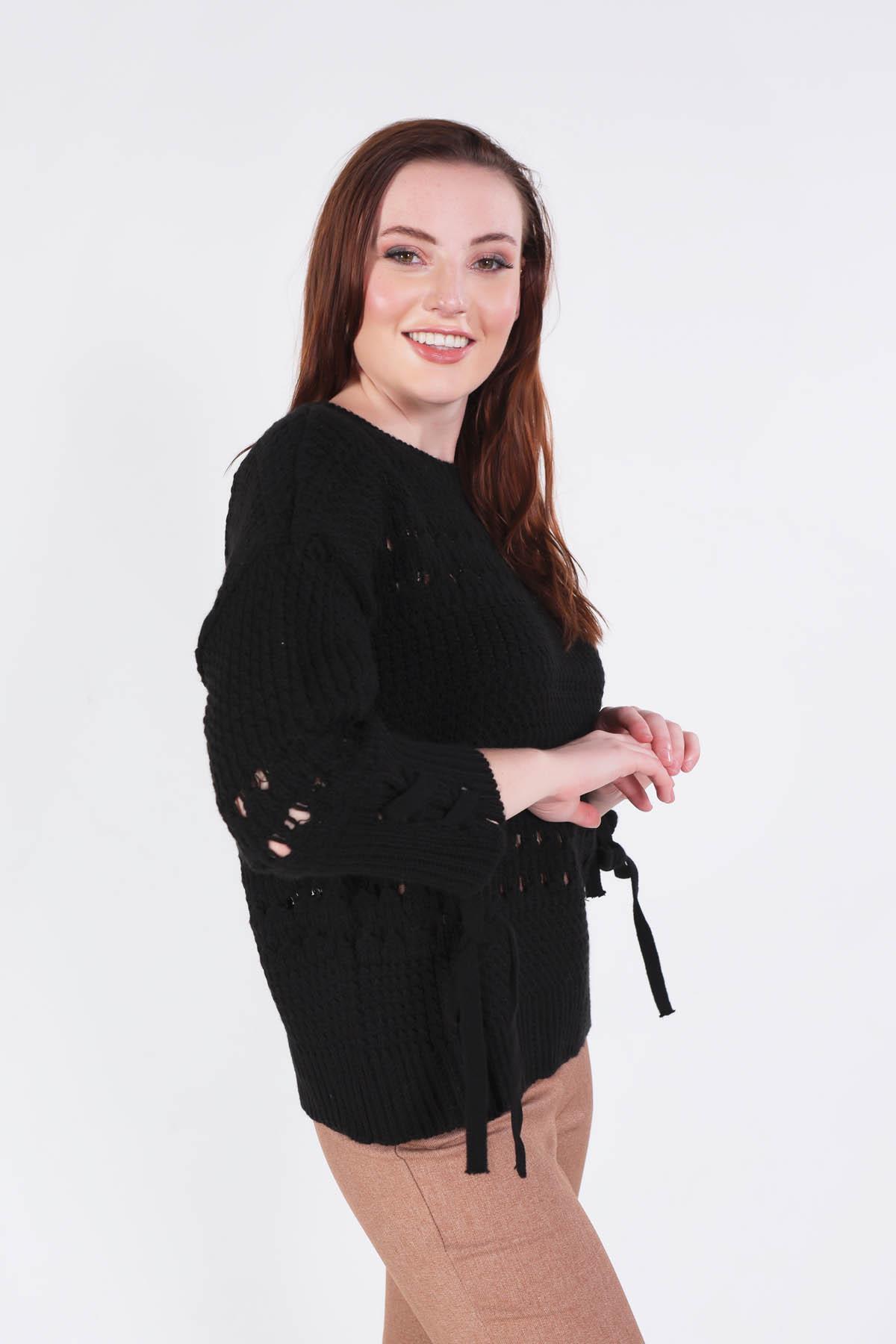 Siyah Kol Bağlama Detay Delikli Kazak 7588 - 5