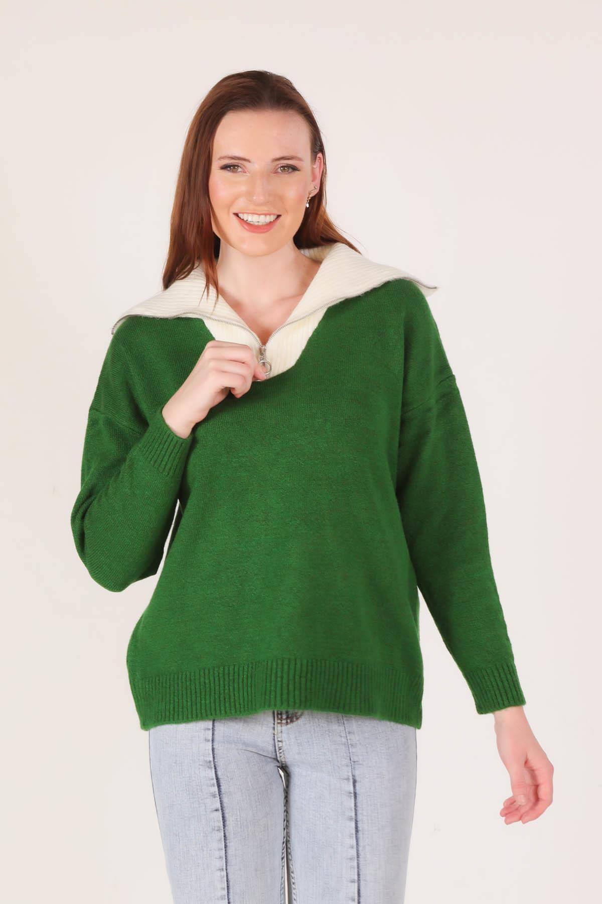 Benetton Yeşili Yaka Fermuarlı Kazak 7590 - 2