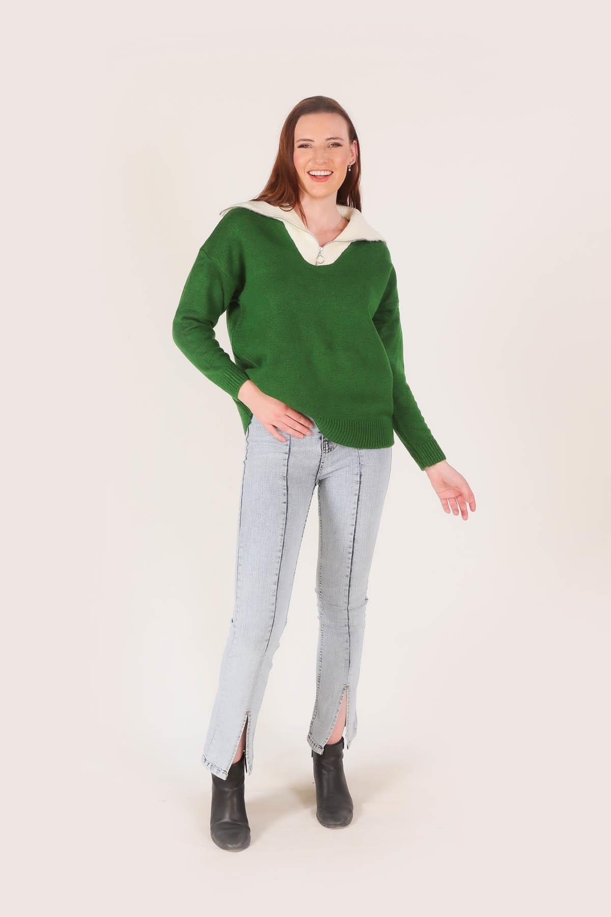 Benetton Yeşili Yaka Fermuarlı Kazak 7590 - 3