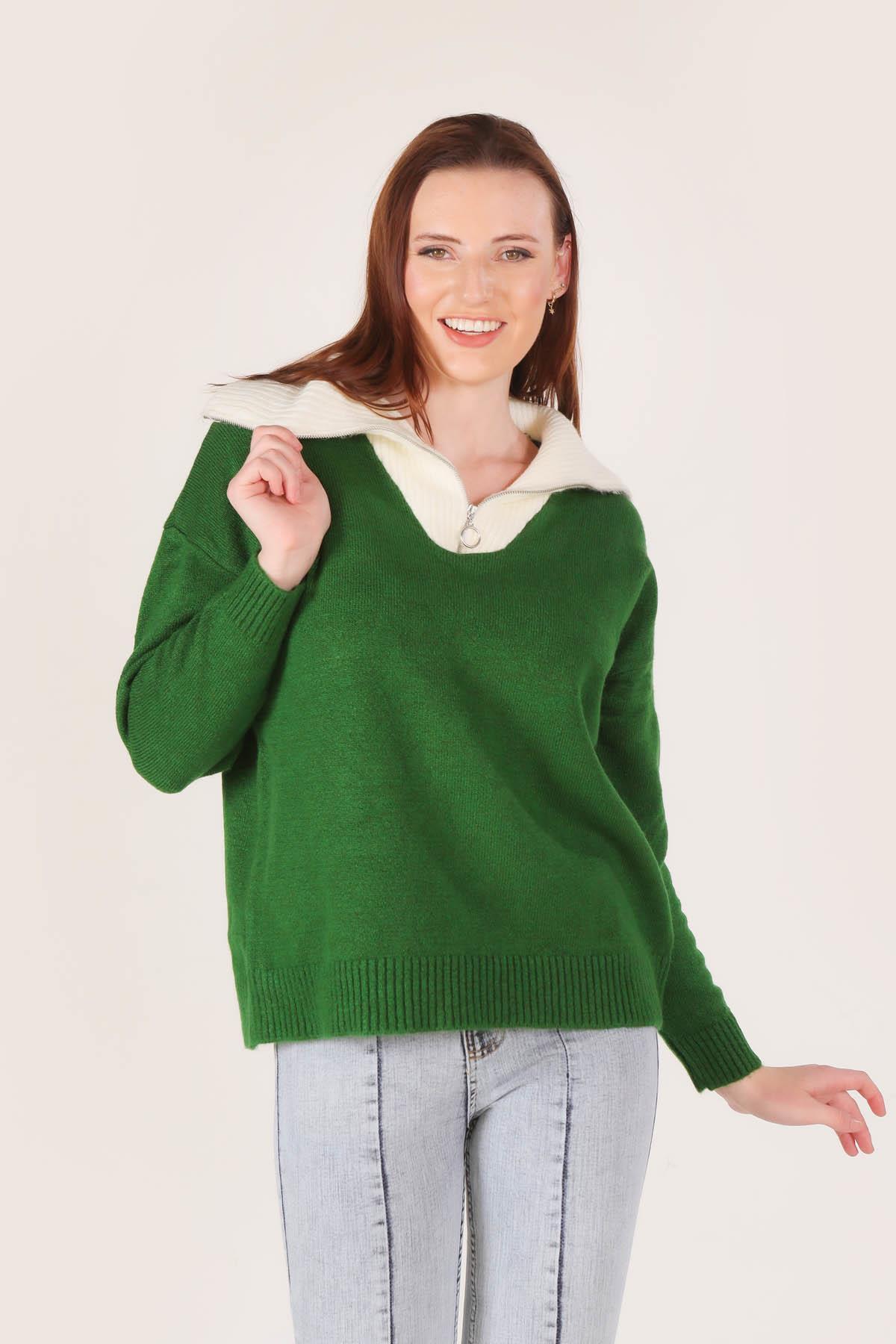 Benetton Yeşili Yaka Fermuarlı Kazak 7590 - 4