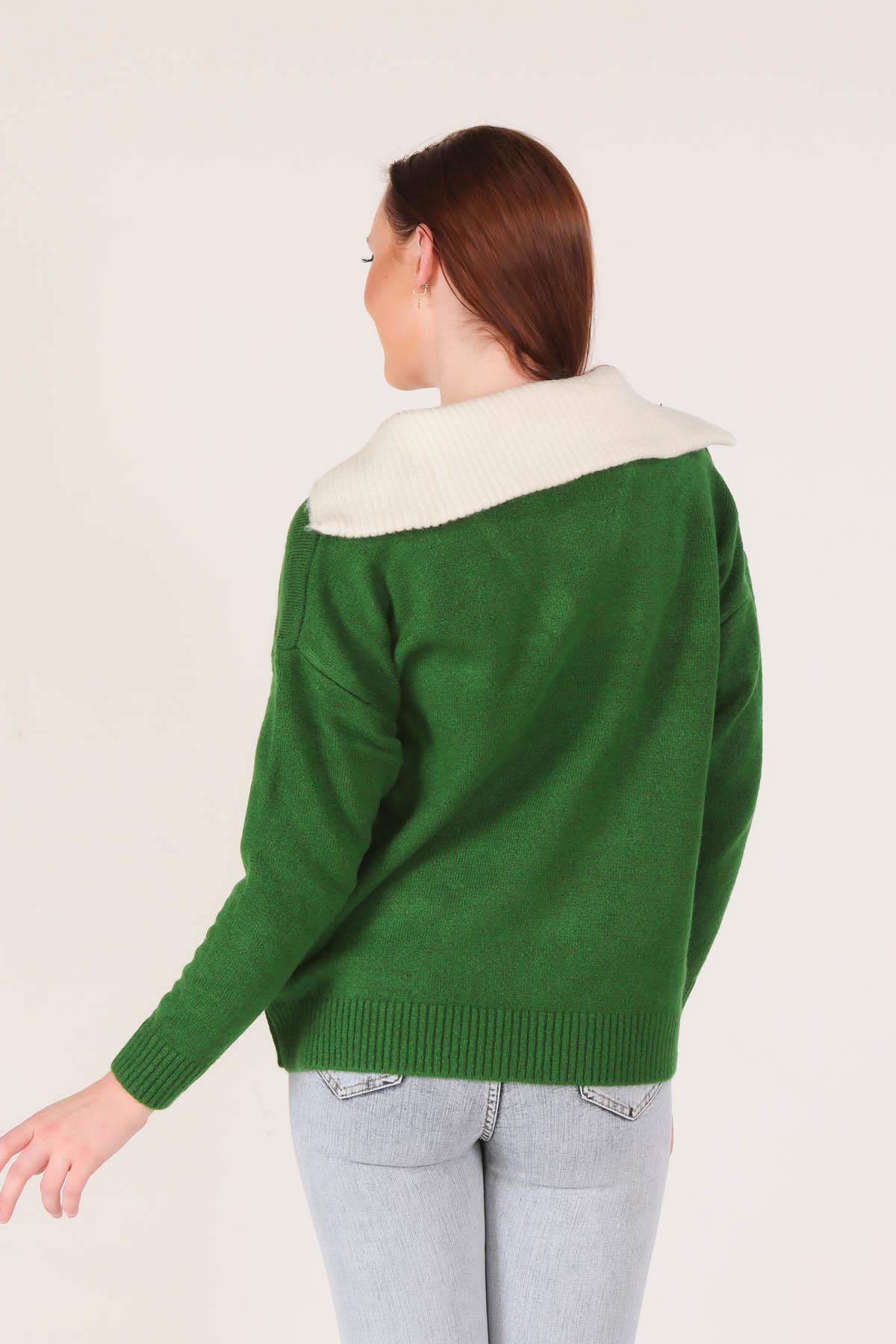 Benetton Yeşili Yaka Fermuarlı Kazak 7590 - 5