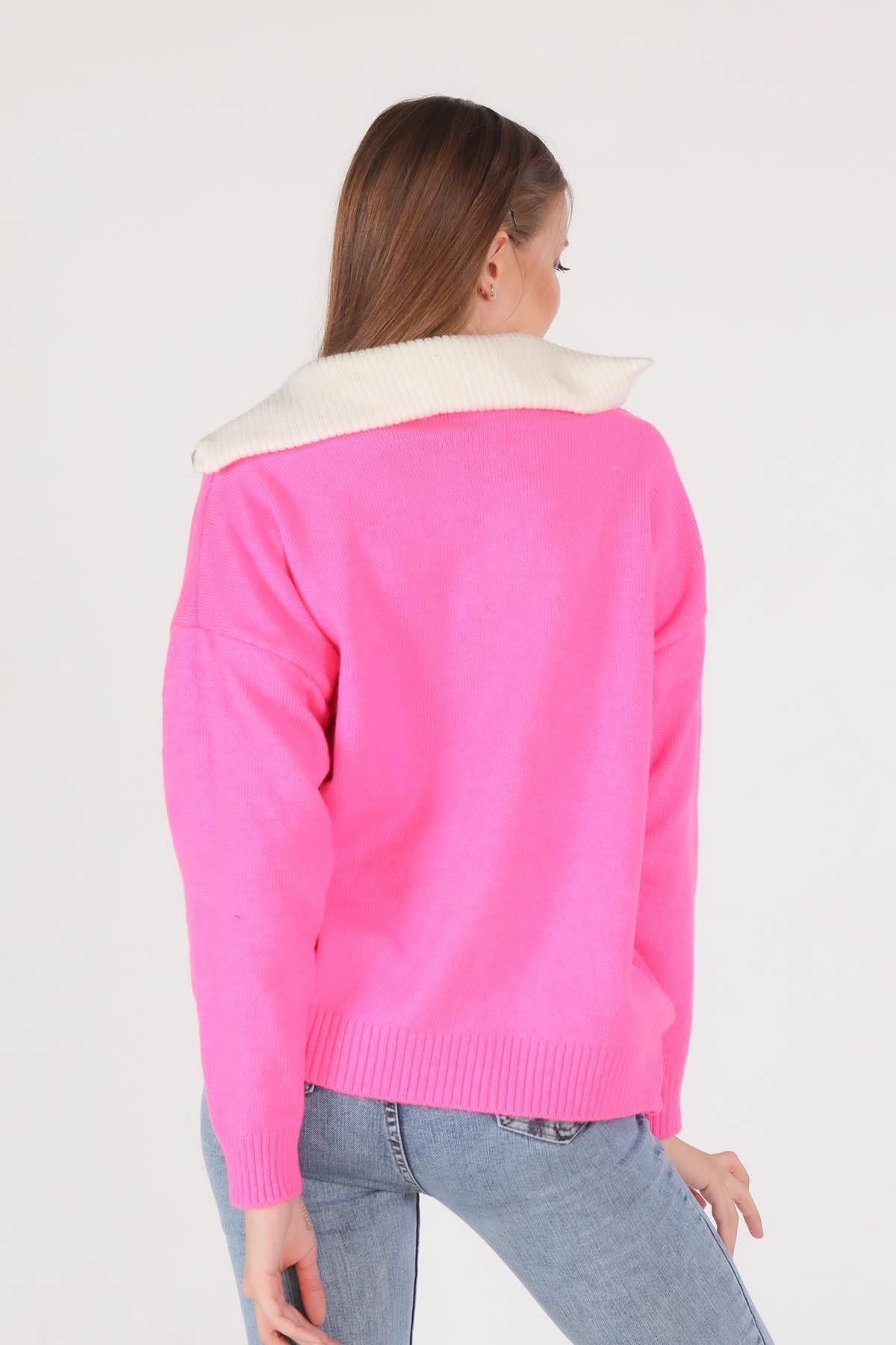 Fuşya Yaka Fermuarlı Kazak 7590 - 5