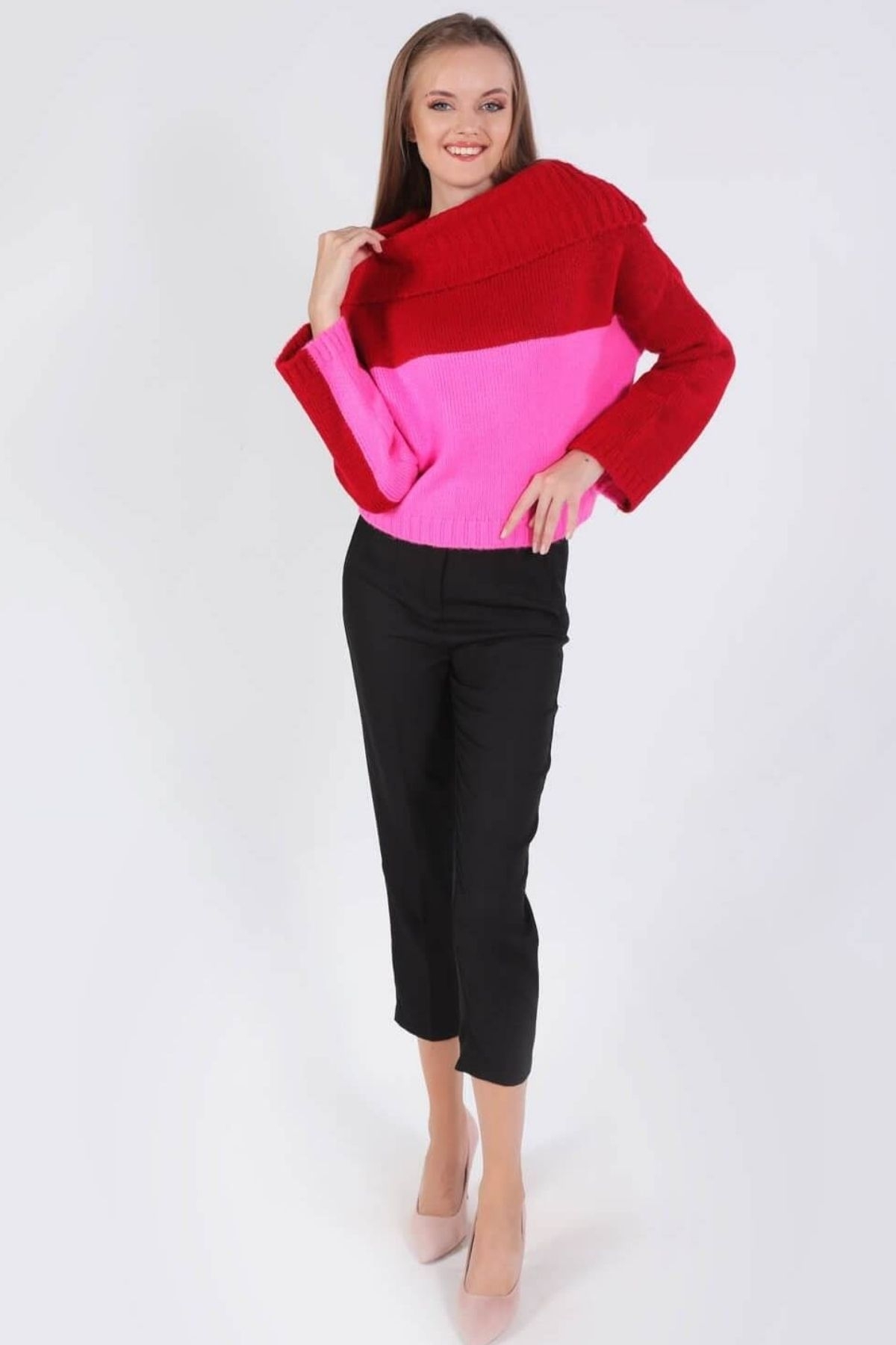 Fuşya - Kırmızı Madonna Yaka Kazak 7591 - 3