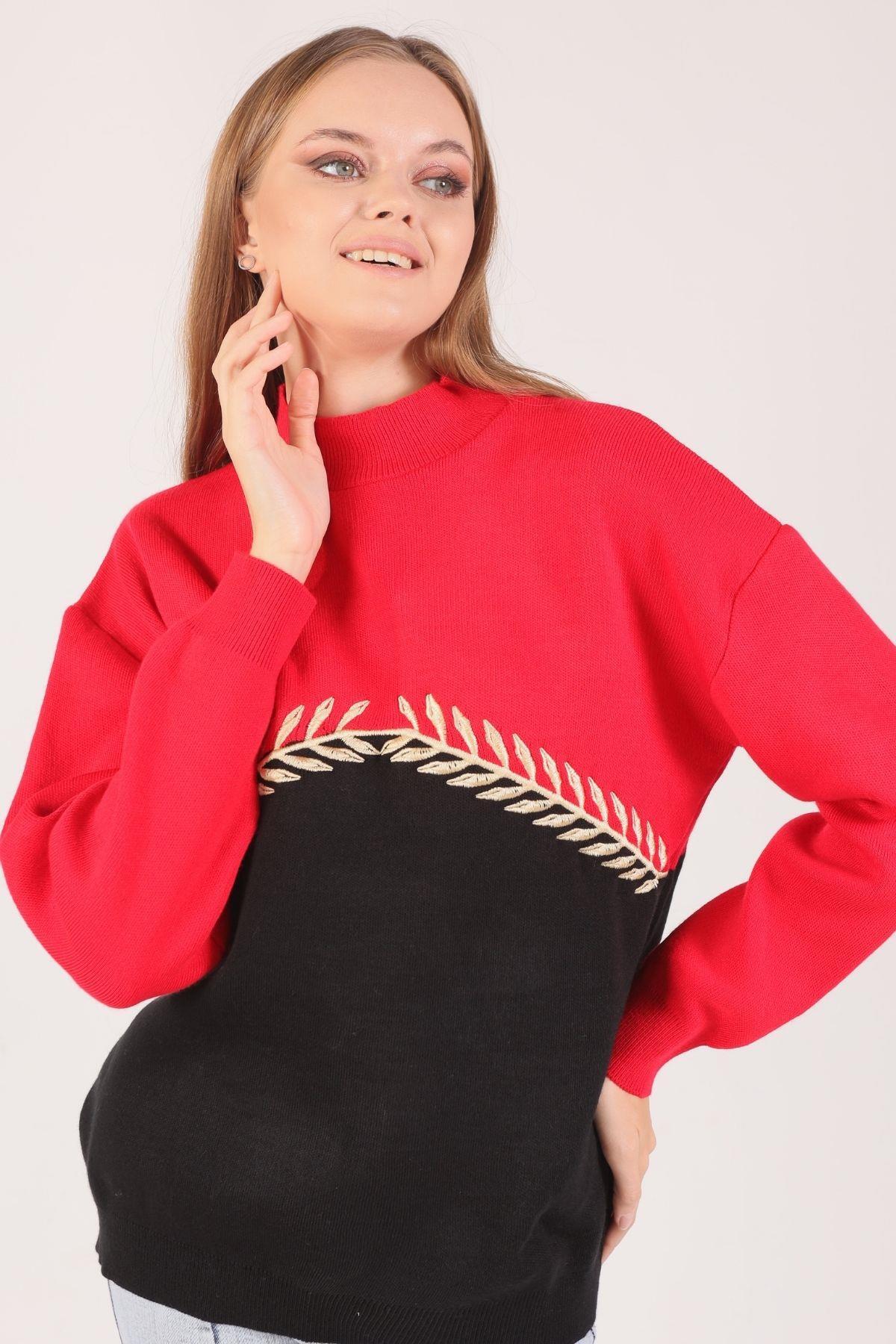 7592 Balıkçı Yaka Nakışlı Kazak Kırmızı 