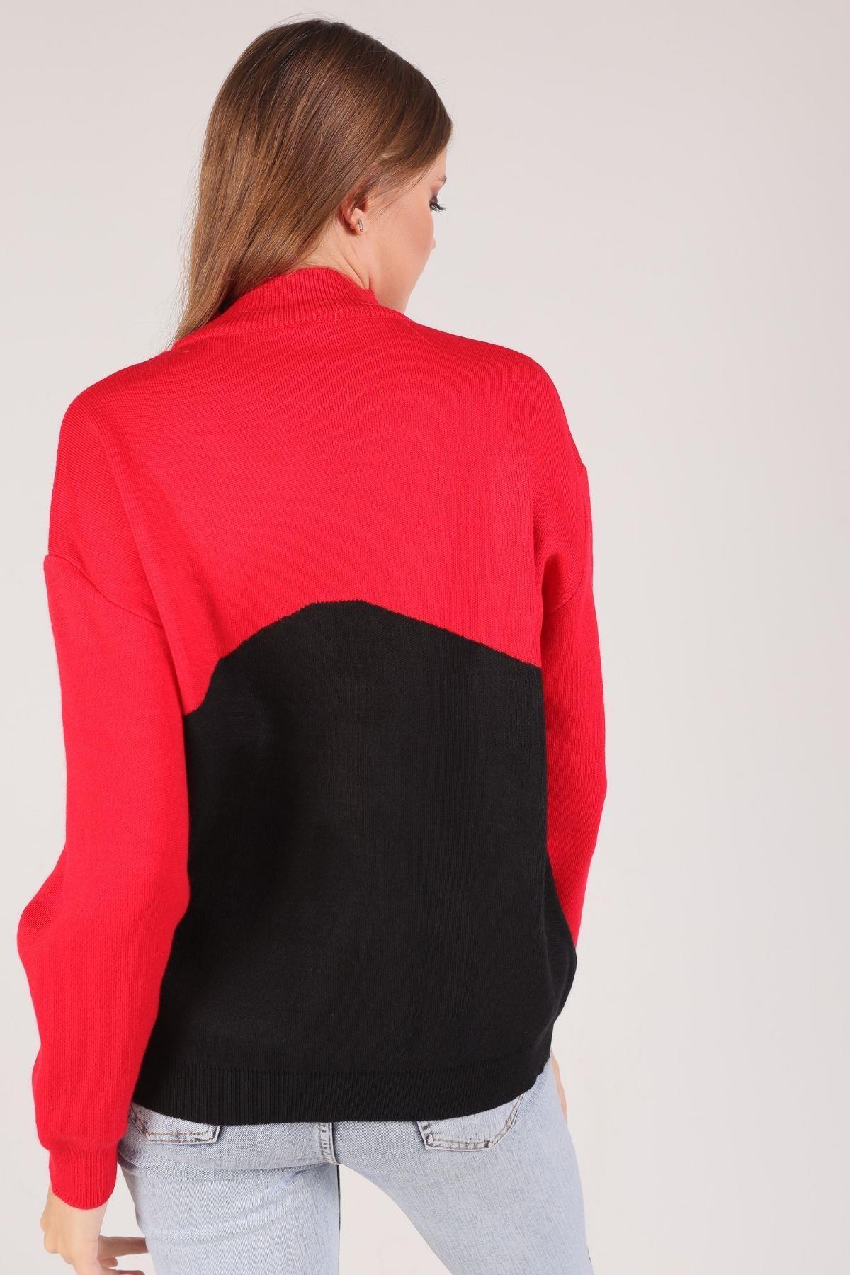 7592 Balıkçı Yaka Nakışlı Kazak Kırmızı - 3