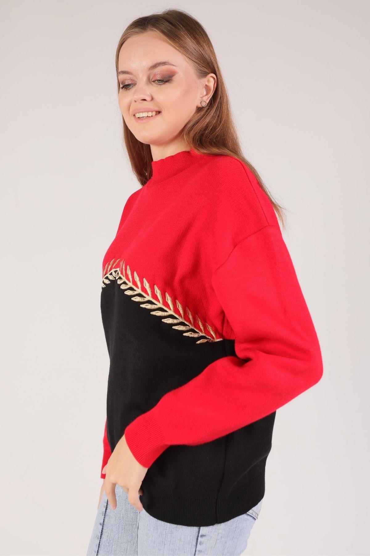 Kırmızı Balıkçı Yaka Nakışlı Kazak 7592 - 2