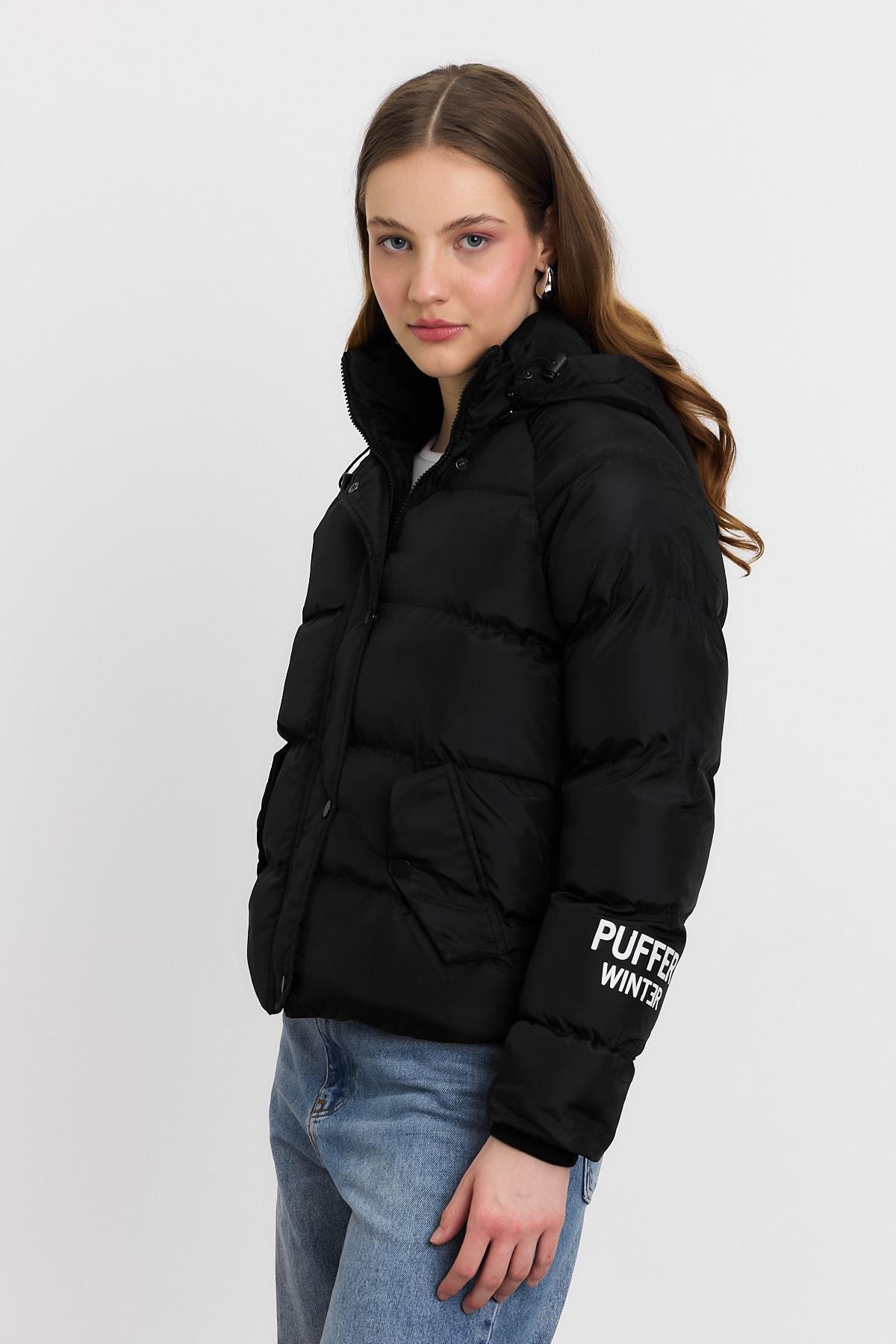 Siyah Kol Puffer Winter Yazı Mont 3020 
