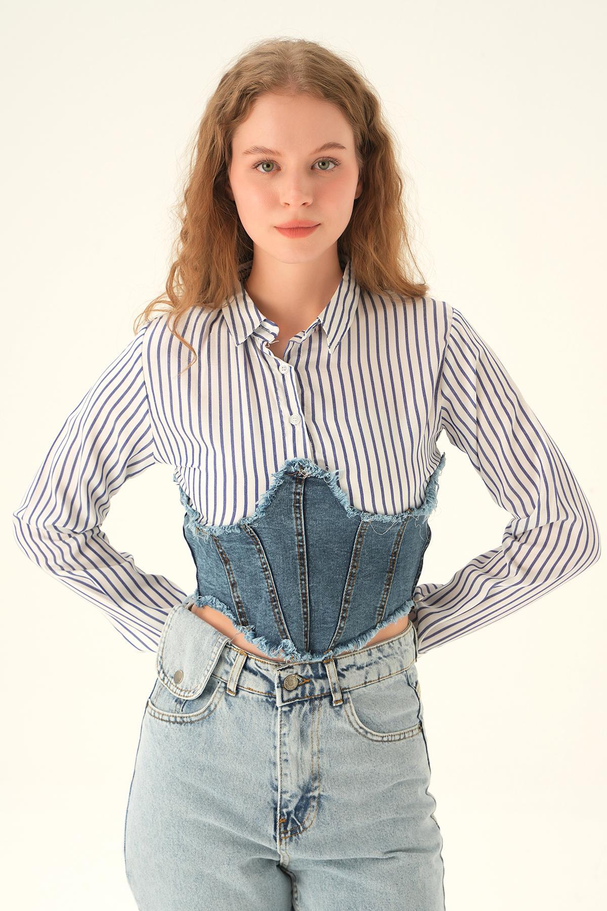 7721 Çizgili Gömlek Detay Bluz Çizgili- Mavi 