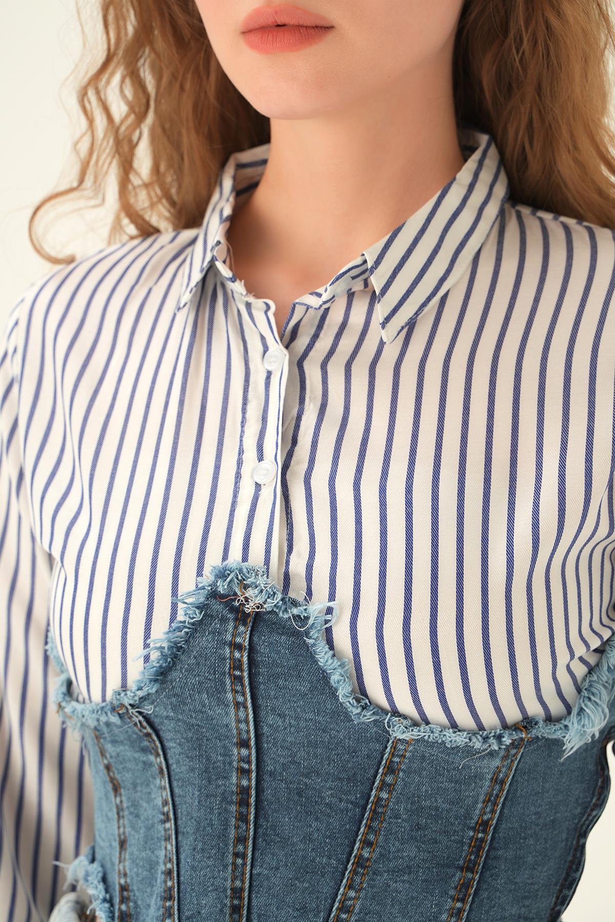 7721 Çizgili Gömlek Detay Bluz Çizgili- Mavi - 5