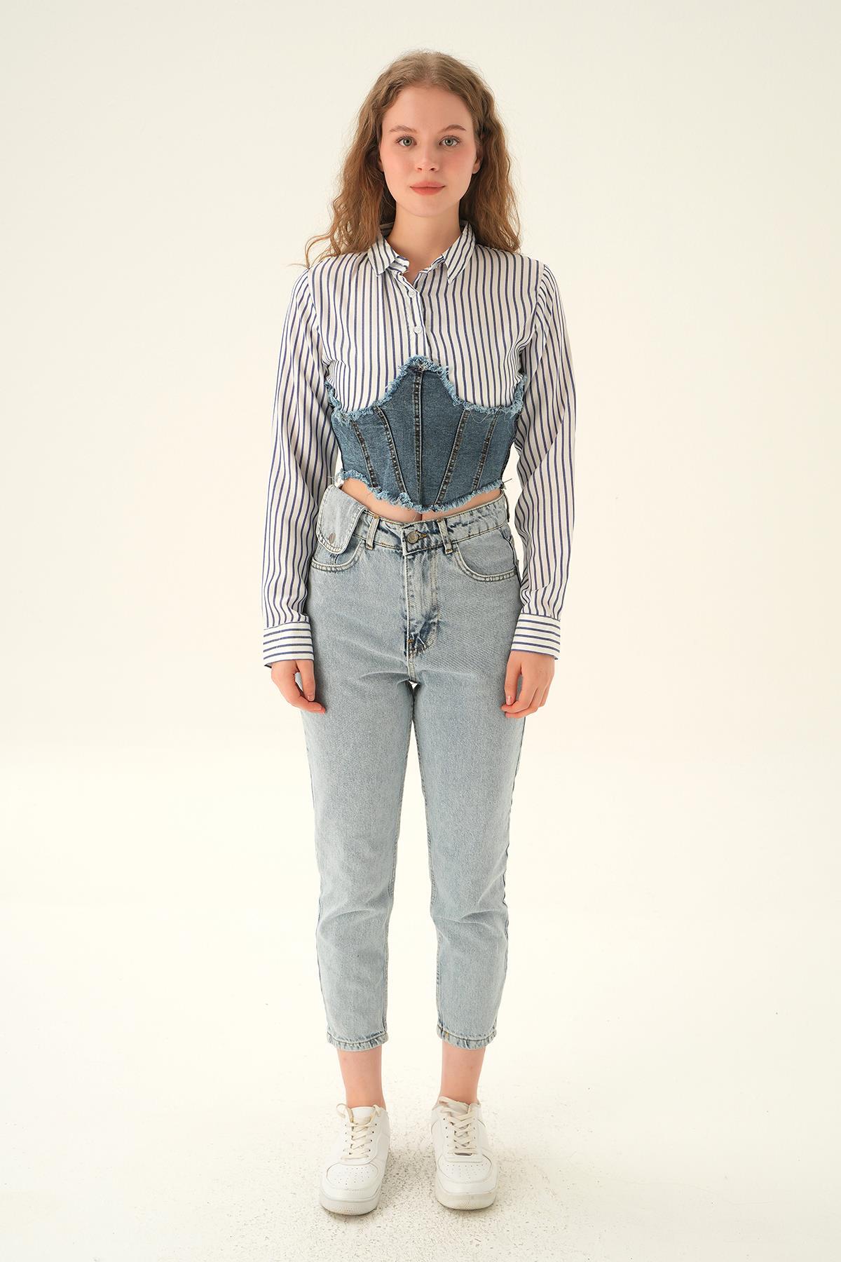 7721 Çizgili Gömlek Detay Bluz Çizgili- Mavi - 6