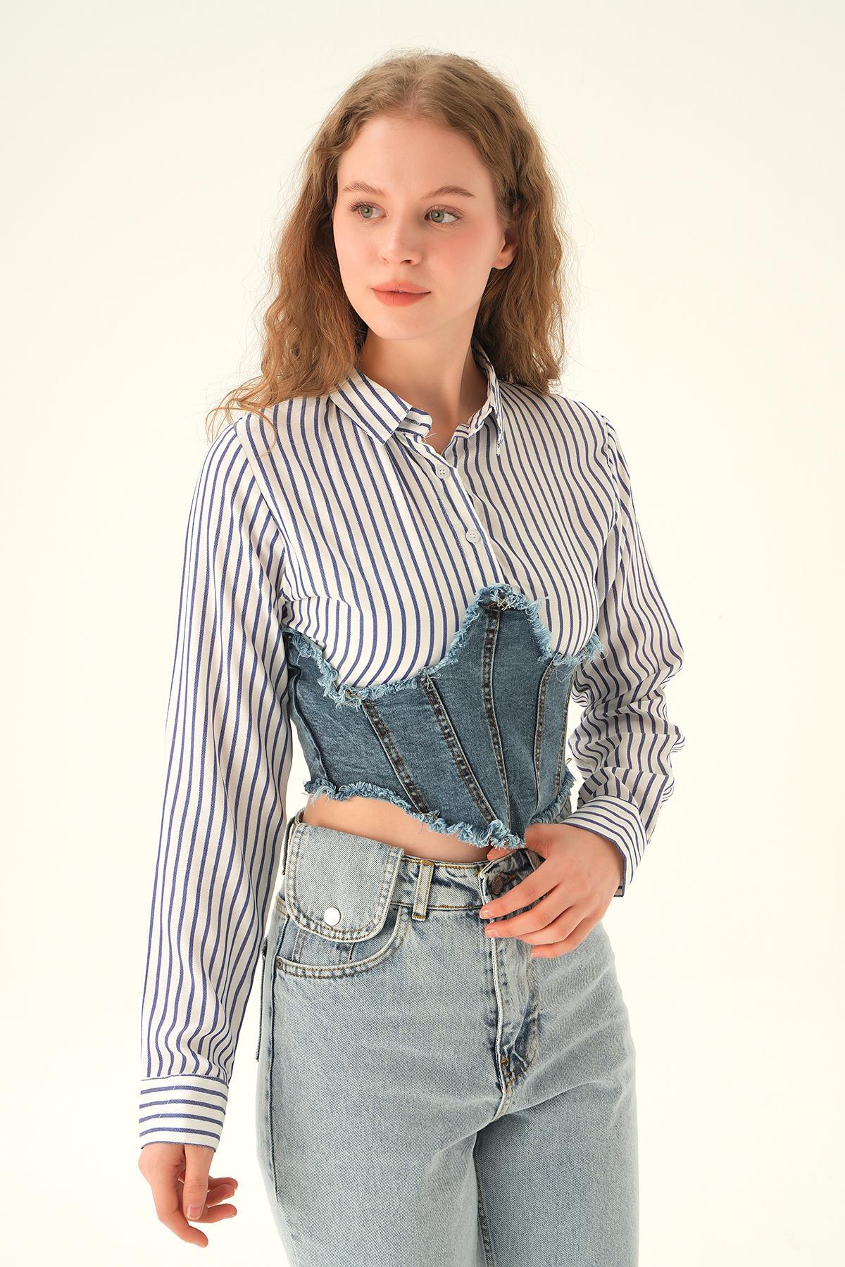 Çizgili- Mavi Çizgili Gömlek Detay Bluz 7721 - 2