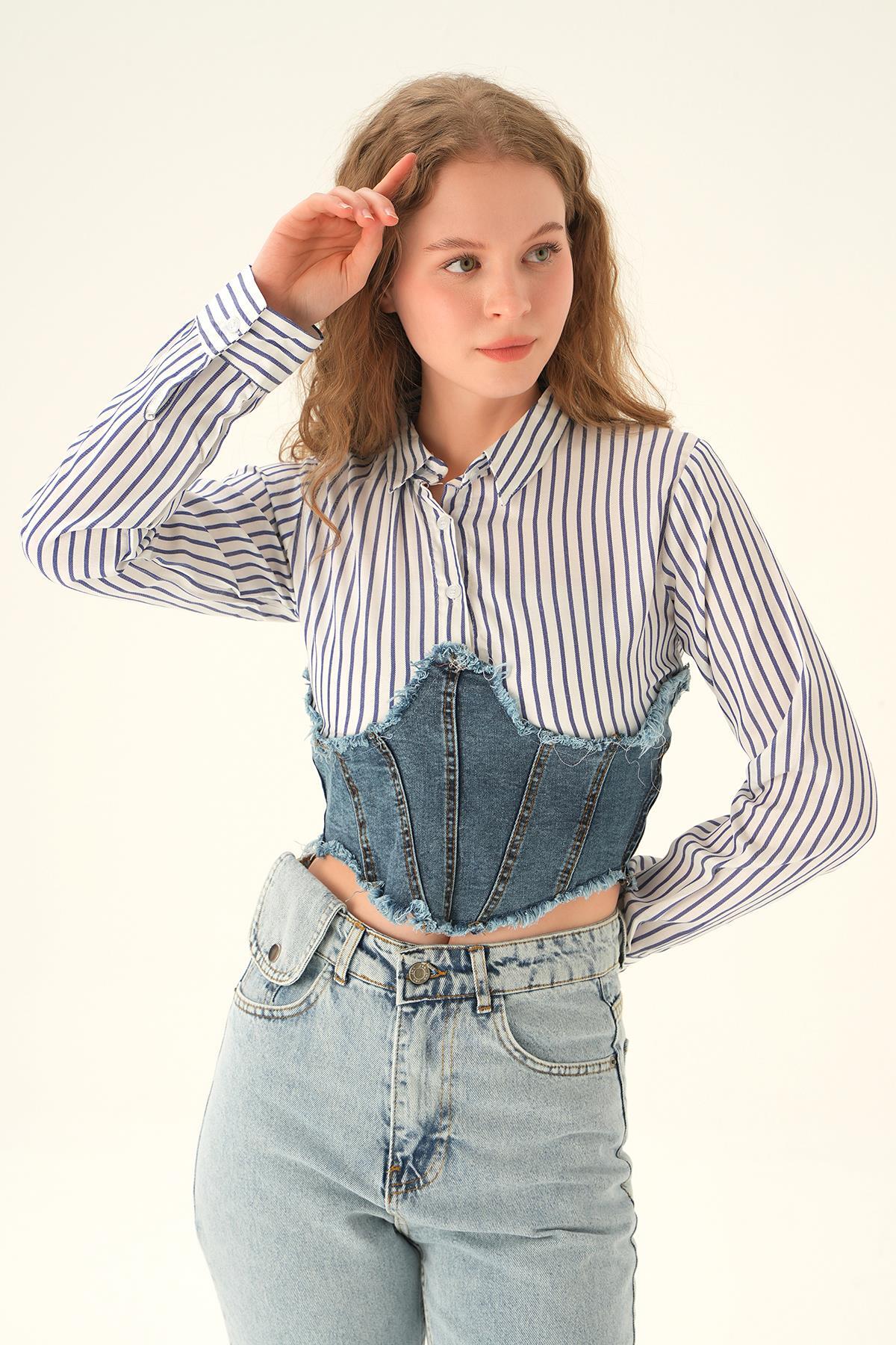 Çizgili- Mavi Çizgili Gömlek Detay Bluz 7721 - 3