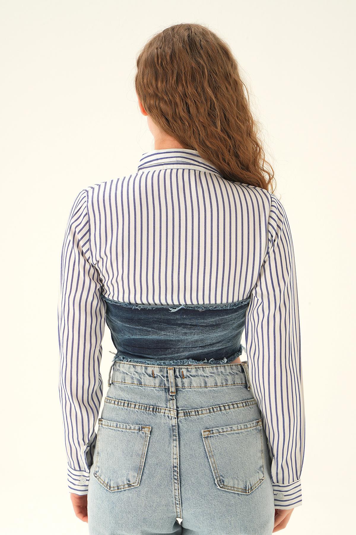 Çizgili- Mavi Çizgili Gömlek Detay Bluz 7721 - 4