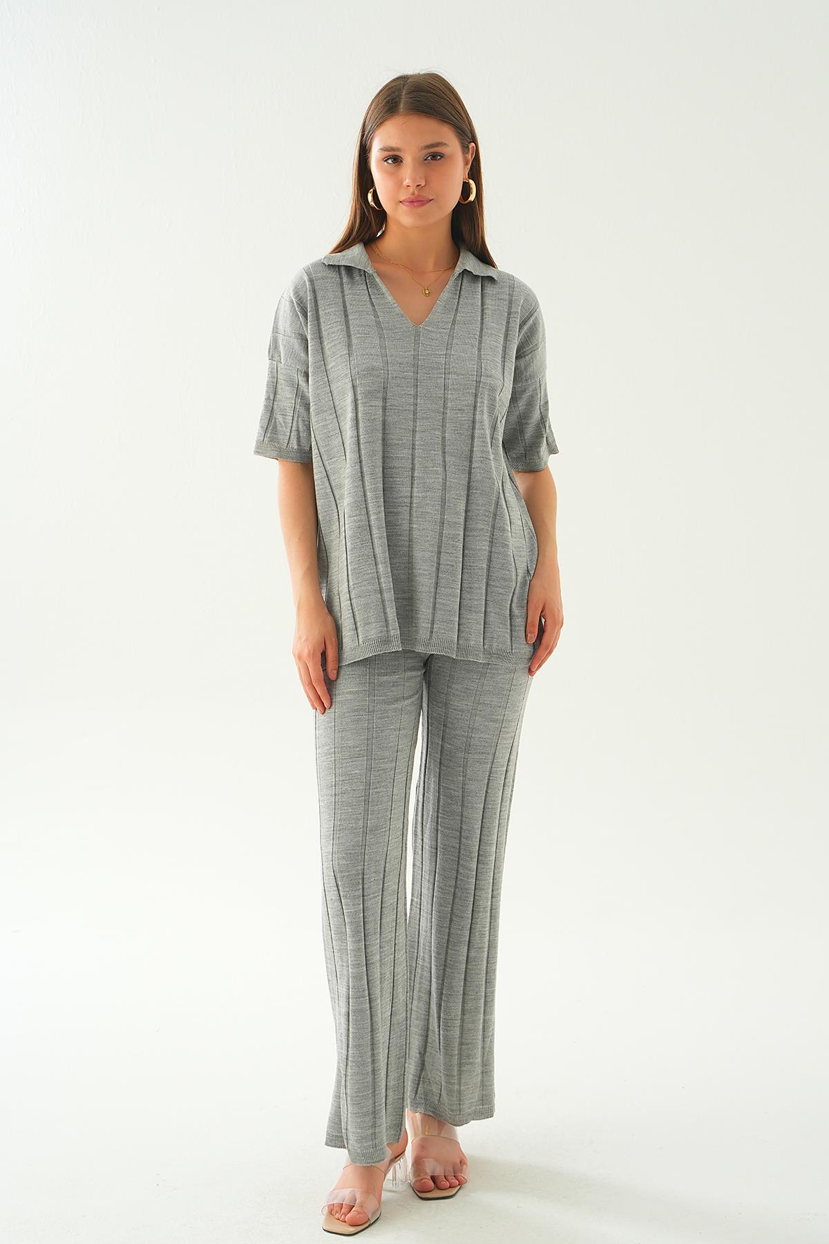 Gri Polo Yaka Pantolon Takım 7743 