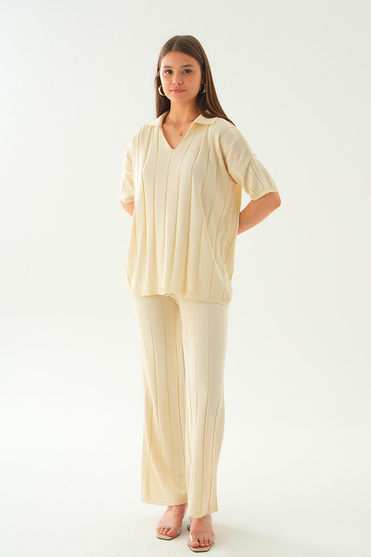 Krem Polo Yaka Pantolon Takım 7743 