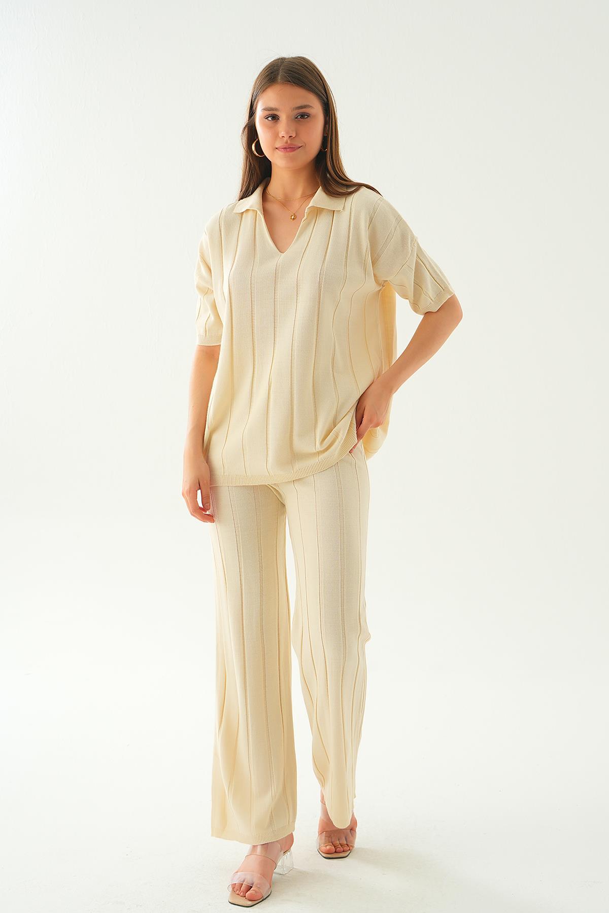 Krem Polo Yaka Pantolon Takım 7743 - 3