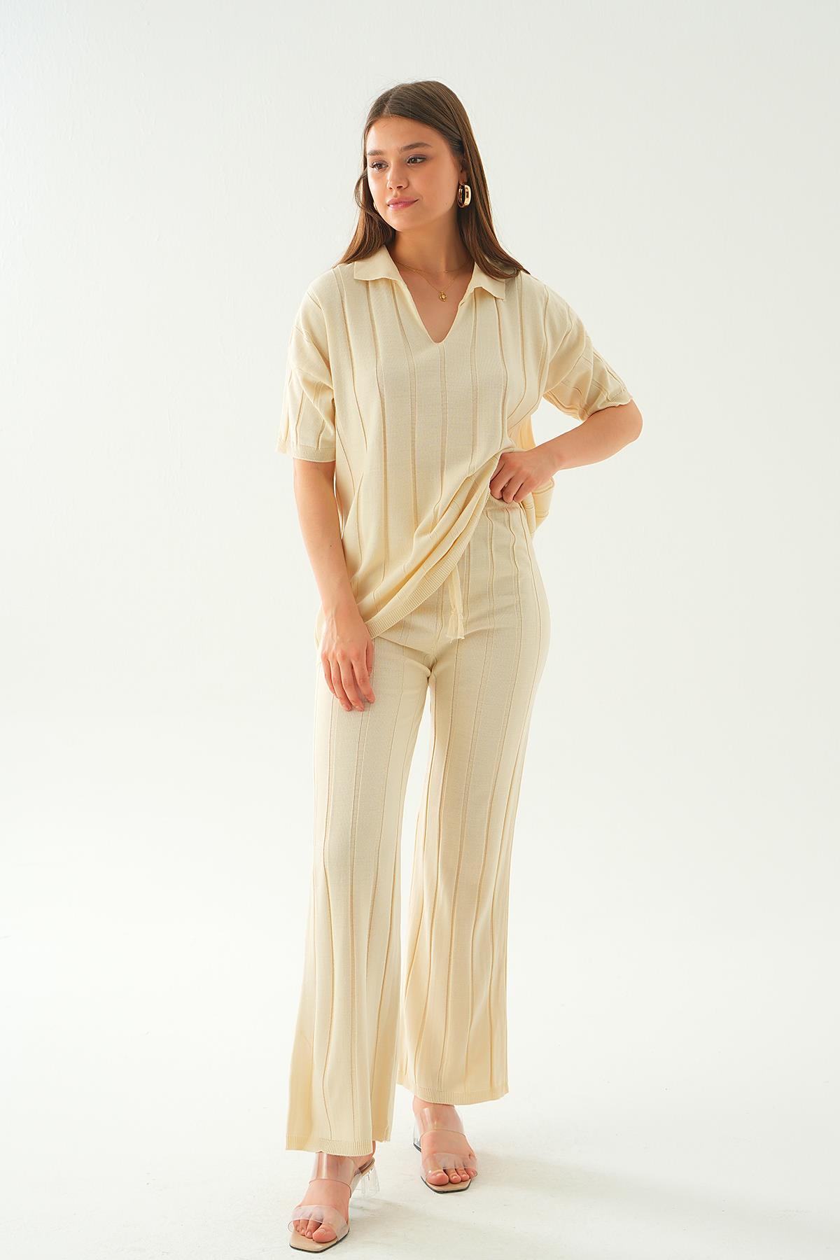 Krem Polo Yaka Pantolon Takım 7743 - 4