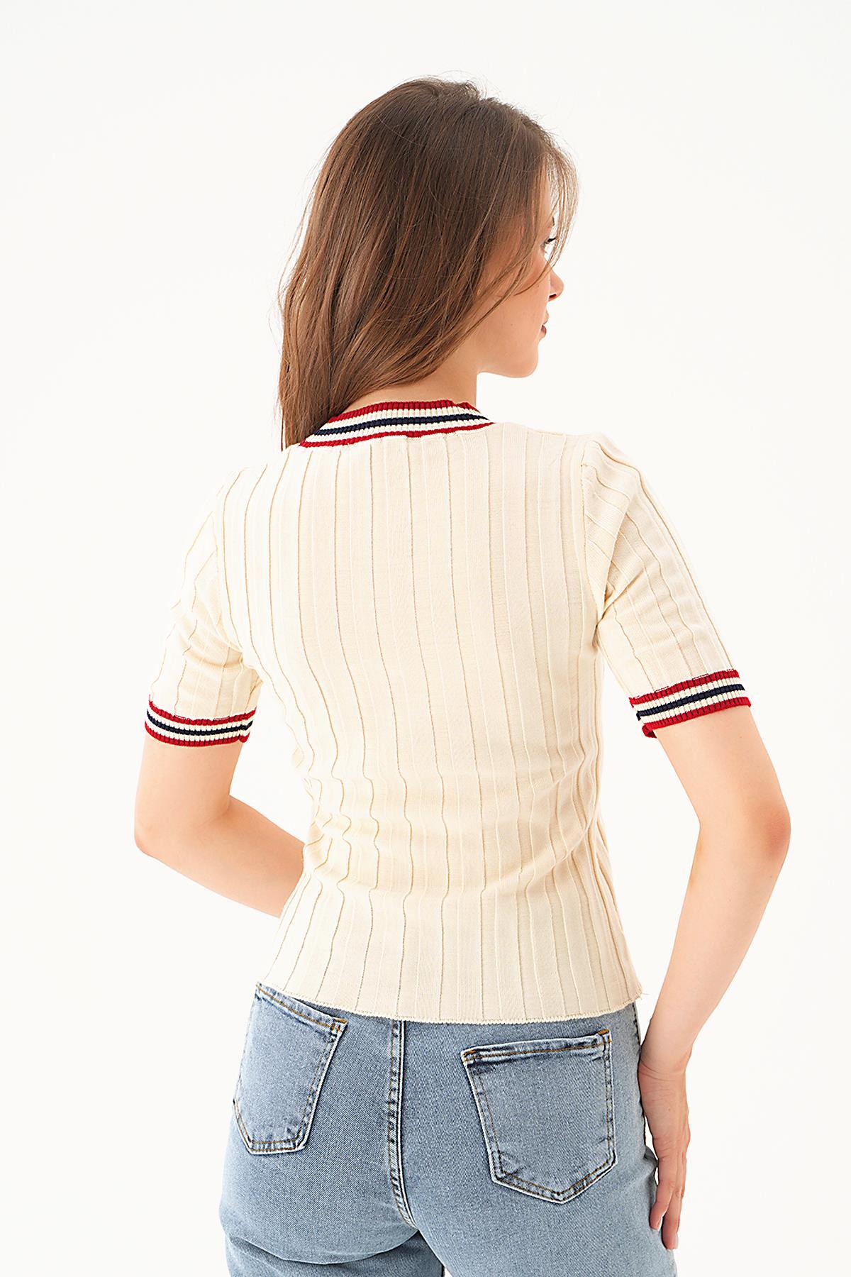 77436 Kol Şerit Detay Tişört Krem - 5