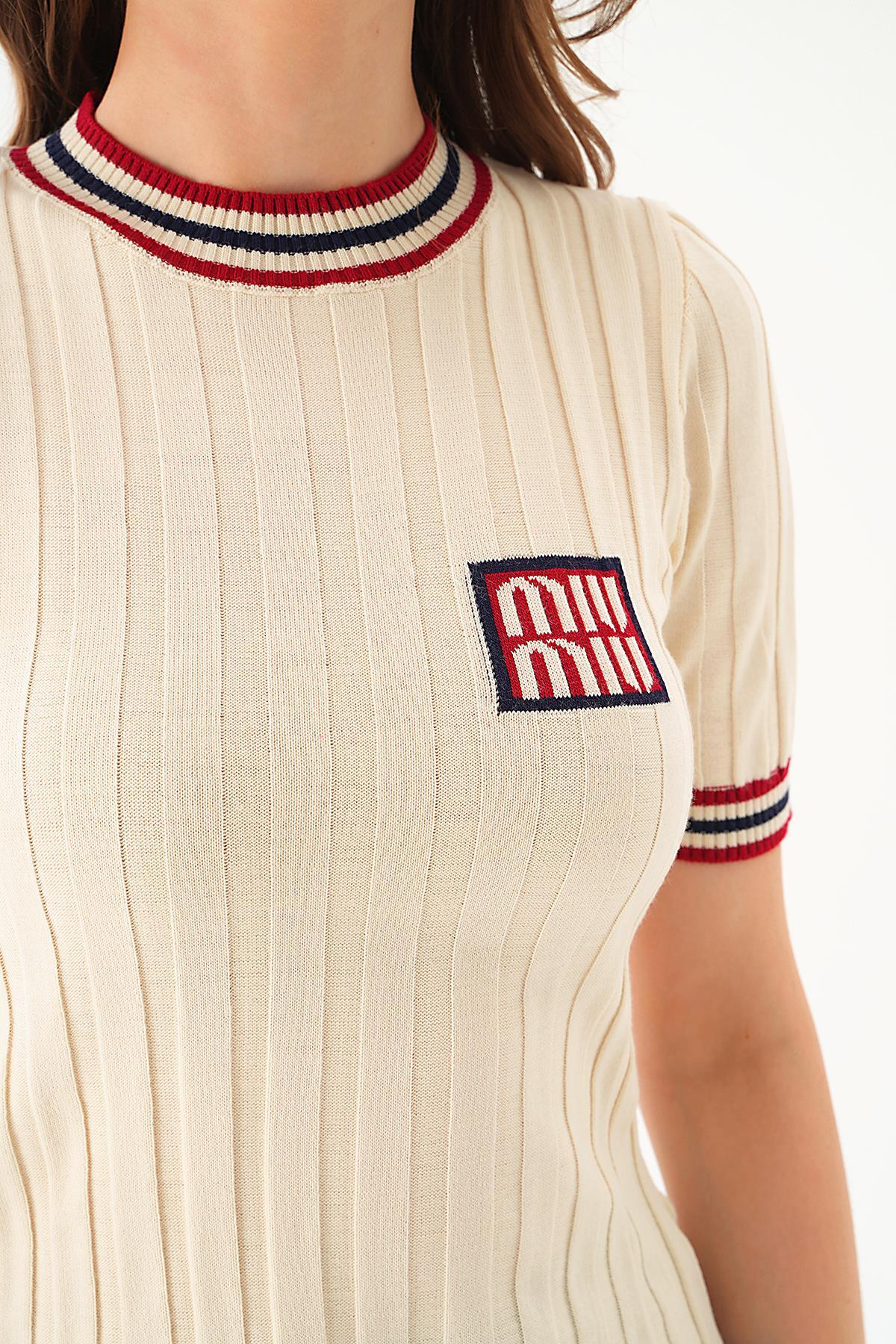Krem Kol Şerit Detay Tişört 77436 - 6