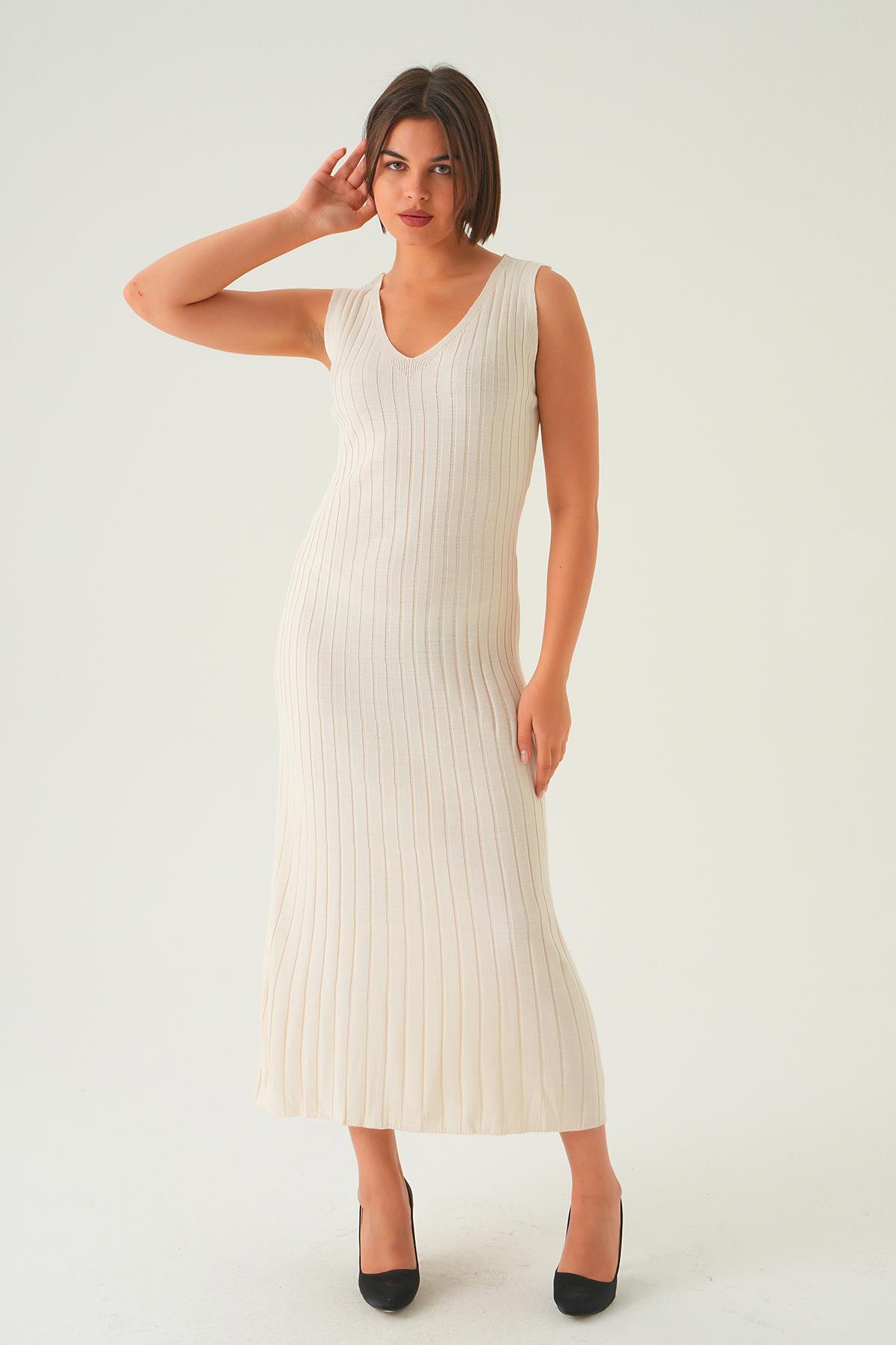 Kemik Askılı V Yaka Triko Elbise 77437 