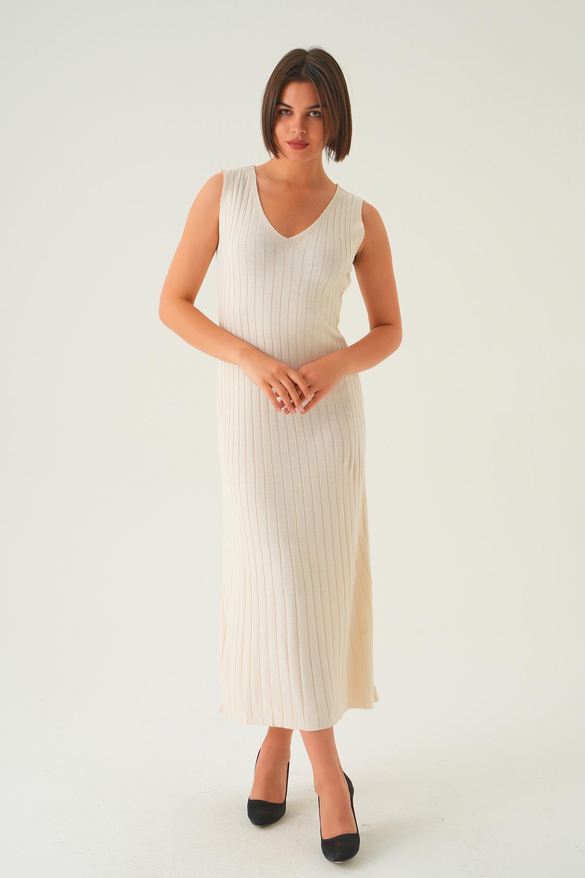 Kemik Askılı V Yaka Triko Elbise 77437 - 2