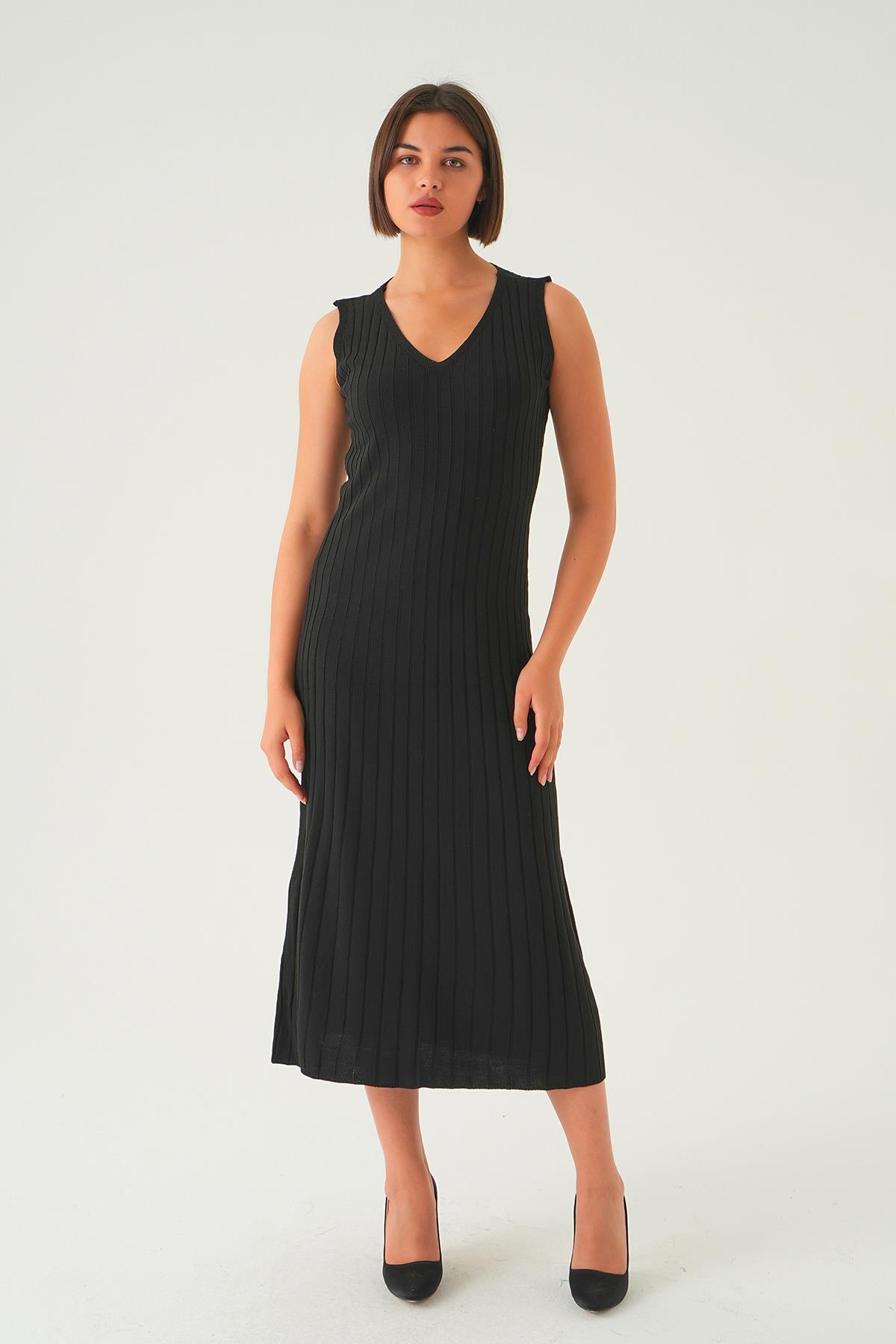 77437 Askılı V Yaka Triko Elbise Siyah - 6