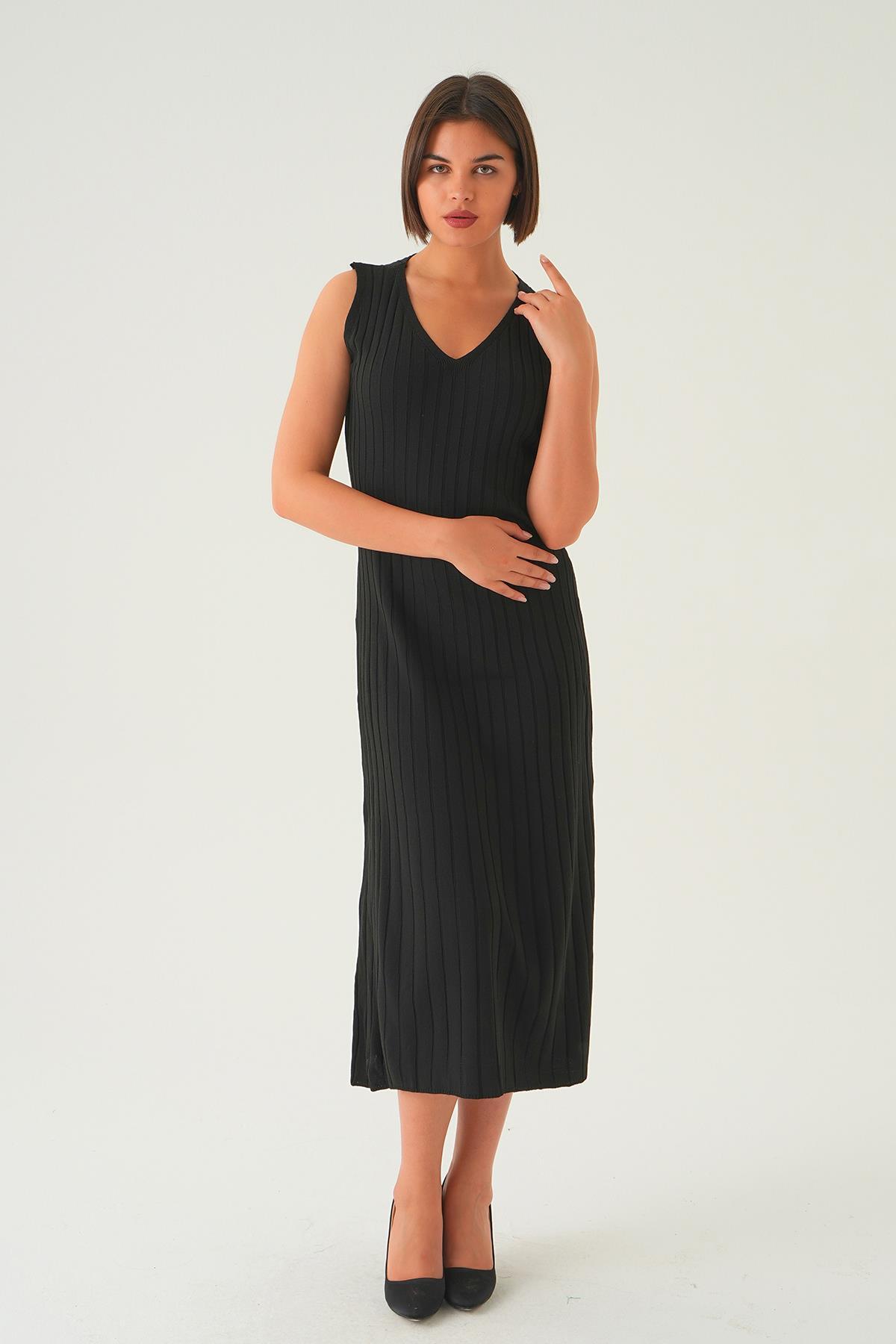 Siyah Askılı V Yaka Triko Elbise 77437 