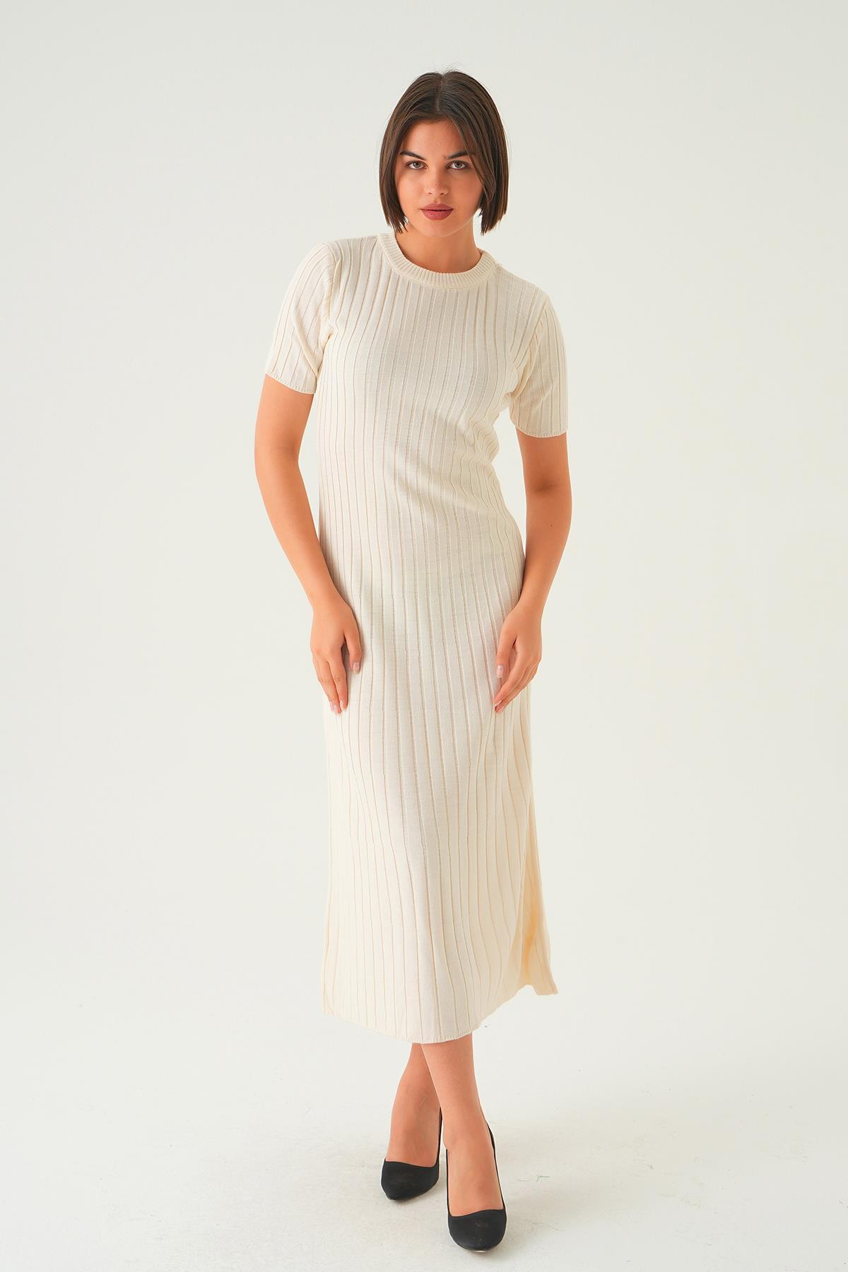 77438 Kısa Kol Bisiklet Yaka Elbise Kemik - 1