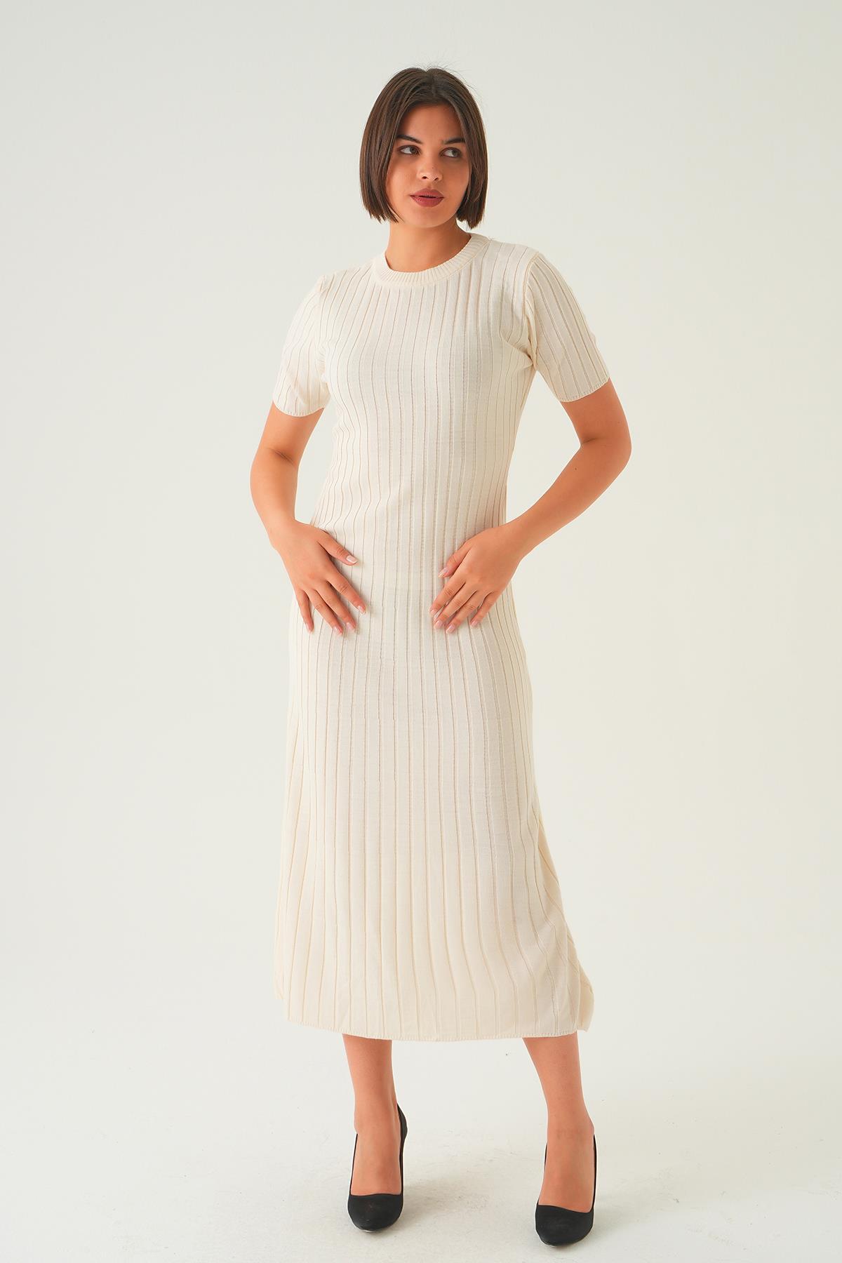 Kemik Kısa Kol Bisiklet Yaka Elbise 77438 - 2