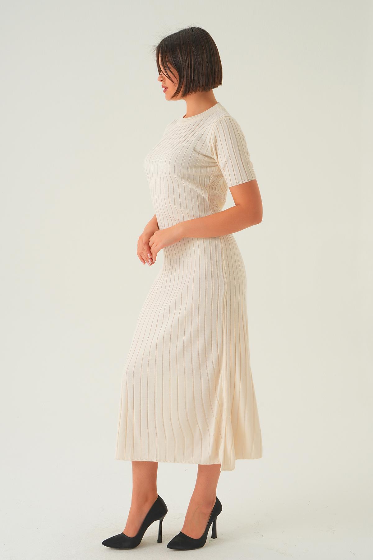 Kemik Kısa Kol Bisiklet Yaka Elbise 77438 - 3