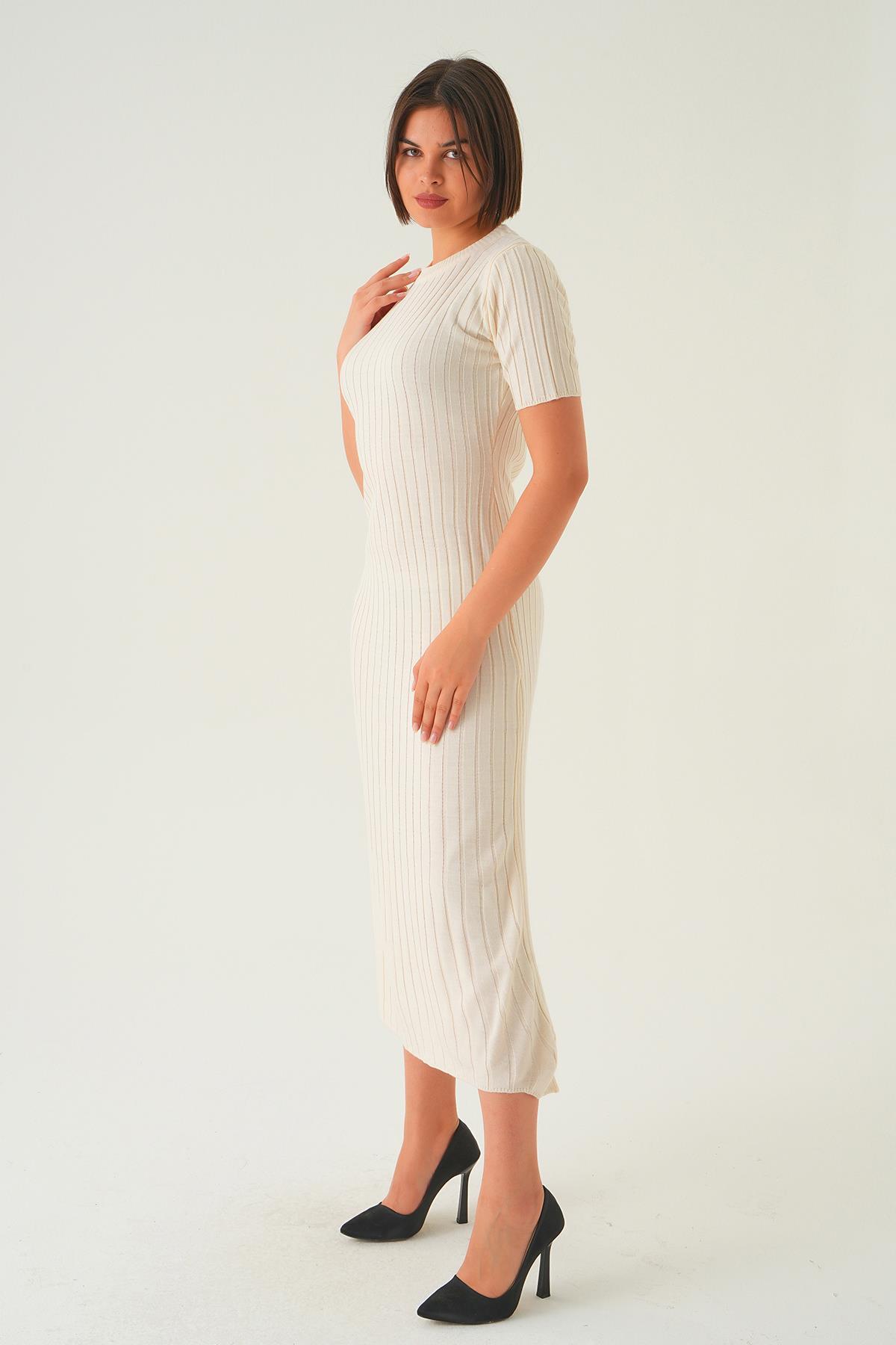 Kemik Kısa Kol Bisiklet Yaka Elbise 77438 - 4