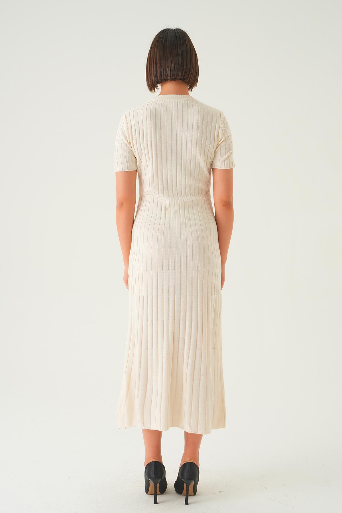 Kemik Kısa Kol Bisiklet Yaka Elbise 77438 - 5