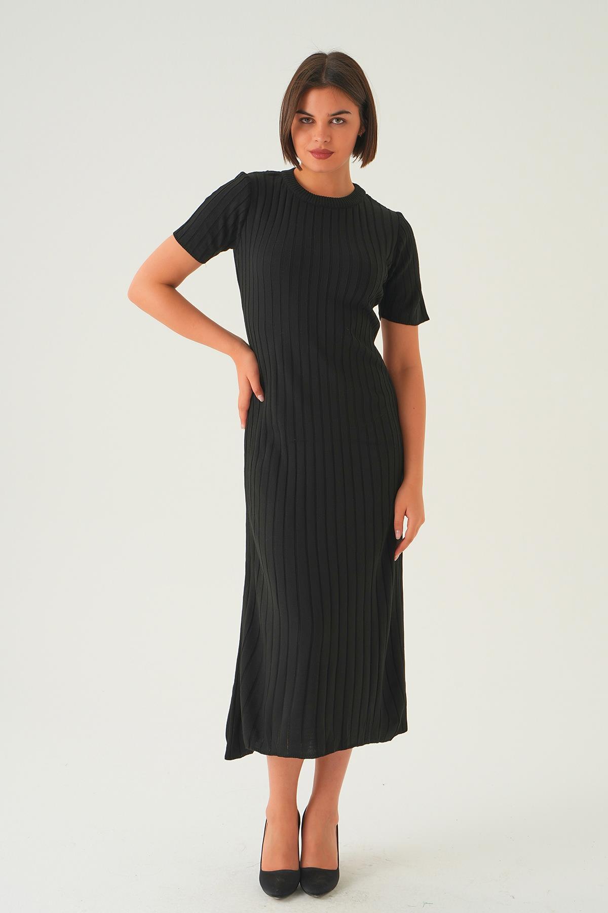 77438 Kısa Kol Bisiklet Yaka Elbise Siyah - 1