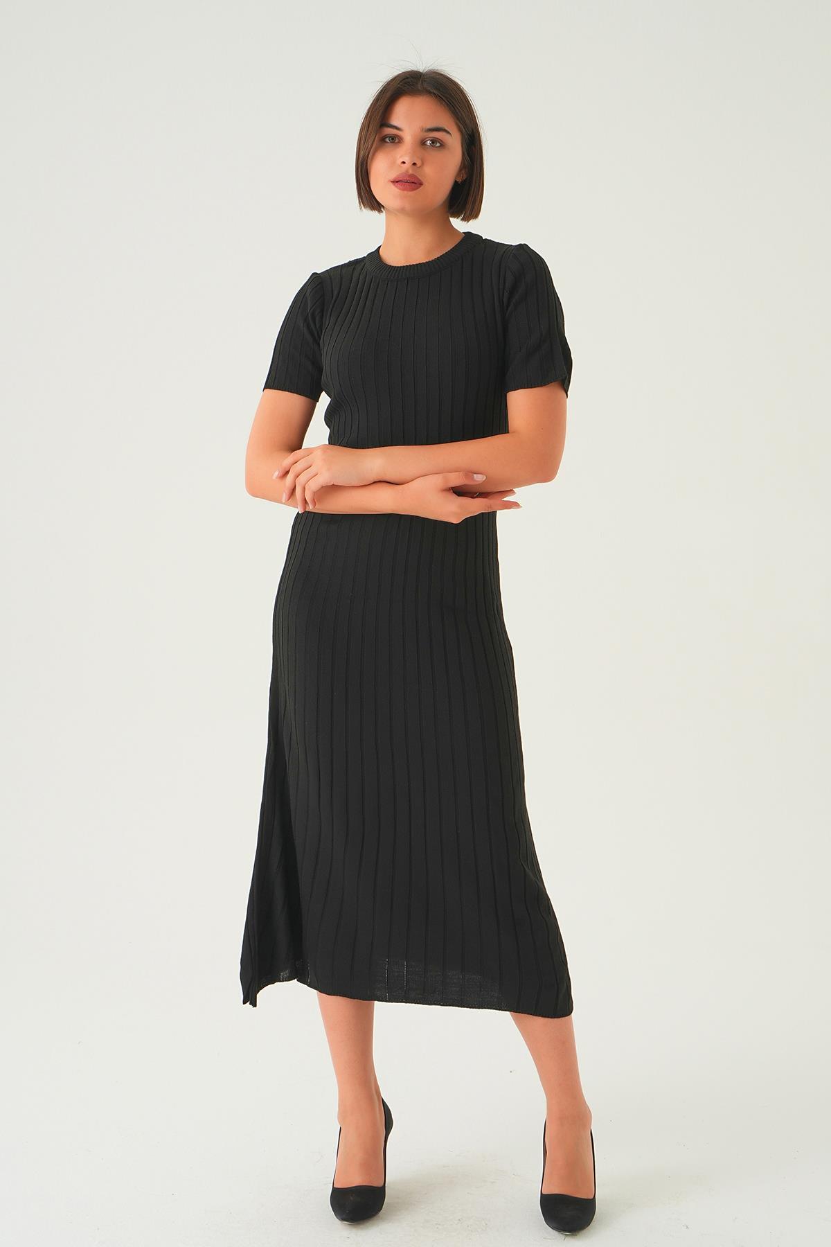 77438 Kısa Kol Bisiklet Yaka Elbise Siyah - 2