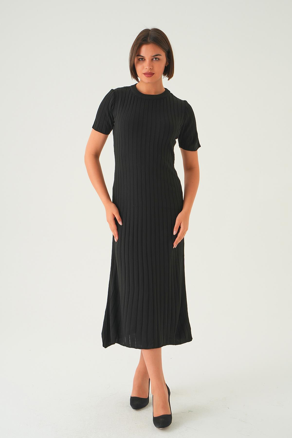 77438 Kısa Kol Bisiklet Yaka Elbise Siyah - 6