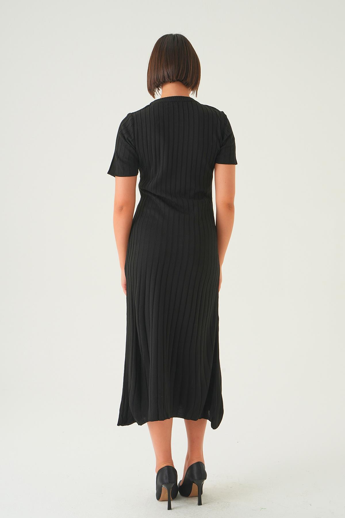 77438 Kısa Kol Bisiklet Yaka Elbise Siyah - 4