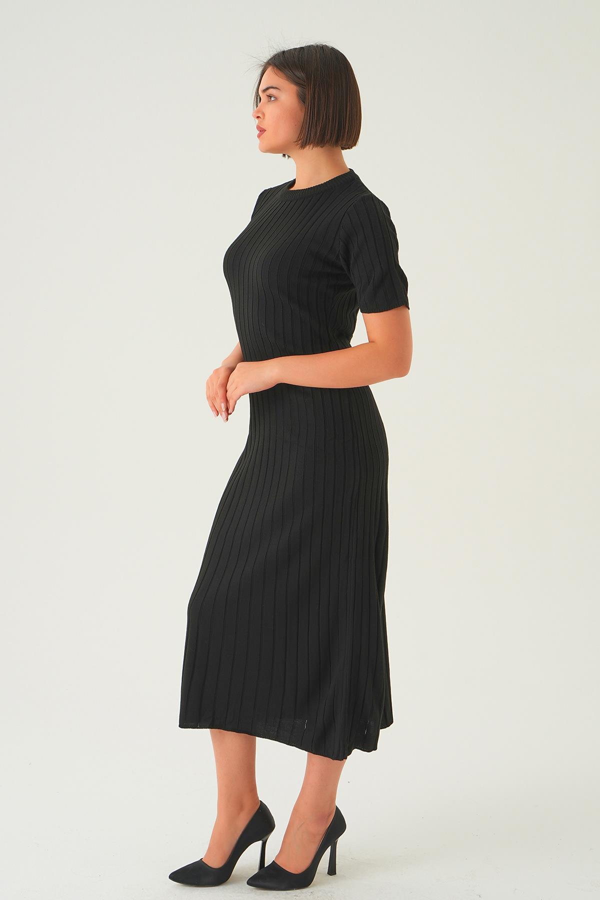 Siyah Kısa Kol Bisiklet Yaka Elbise 77438 - 3