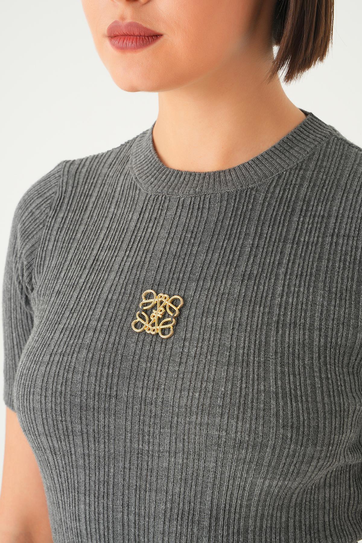 Antrasit Nakış Detay Kısa Kol Tişört 7744 - 5