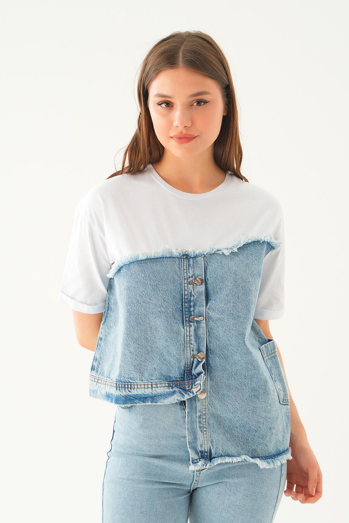 7752 Kot detay Tişört Beyaz - 1