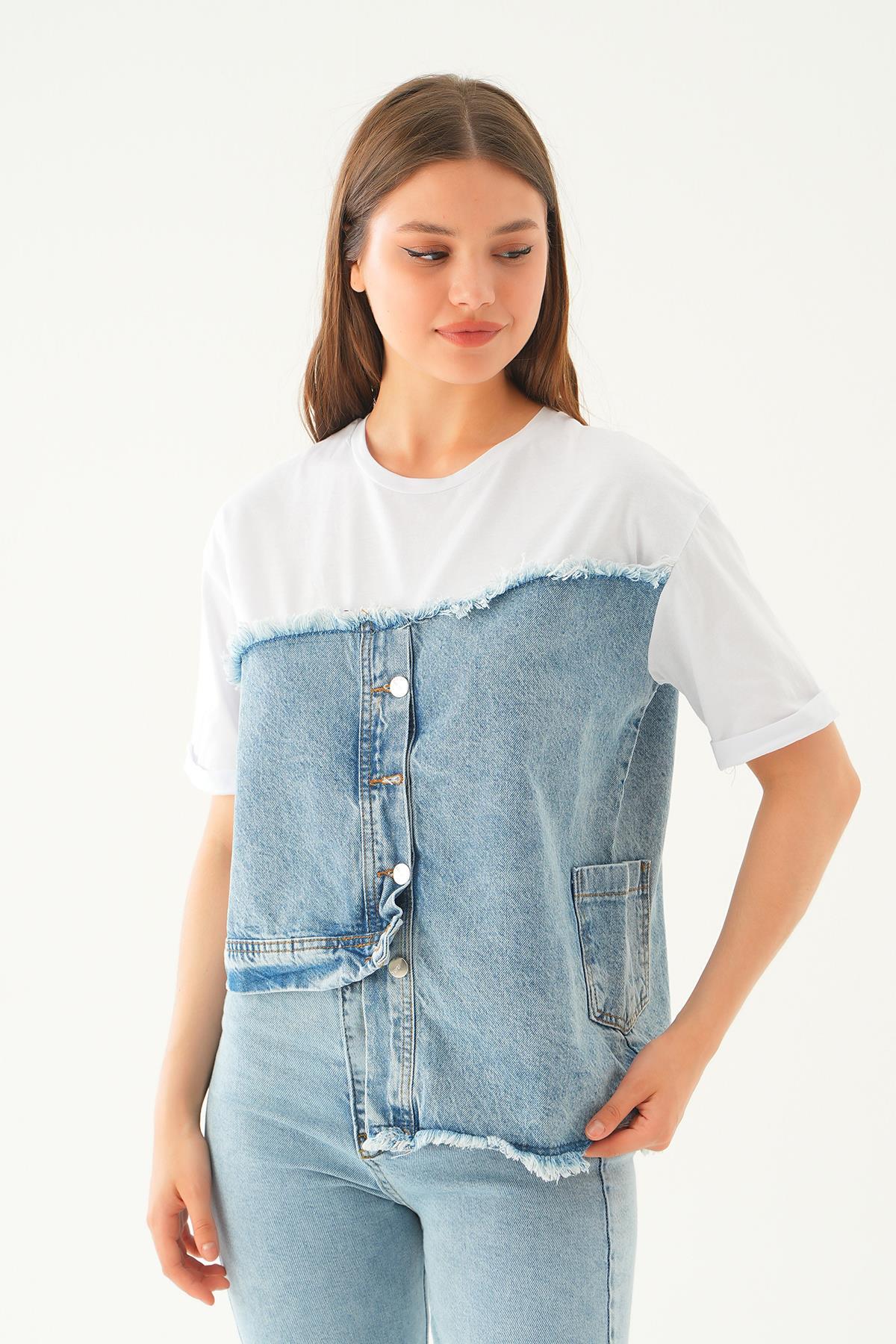 7752 Kot detay Tişört Beyaz - 2