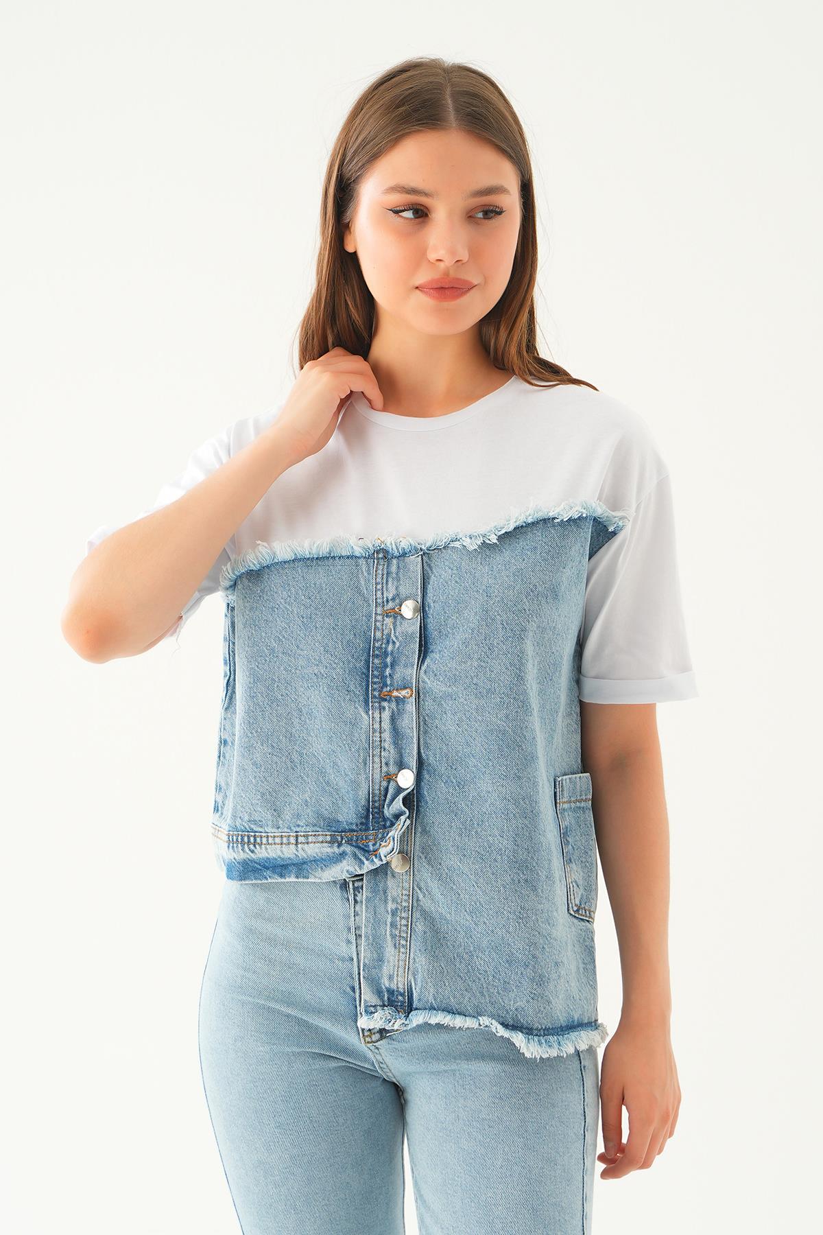 7752 Kot detay Tişört Beyaz - 3