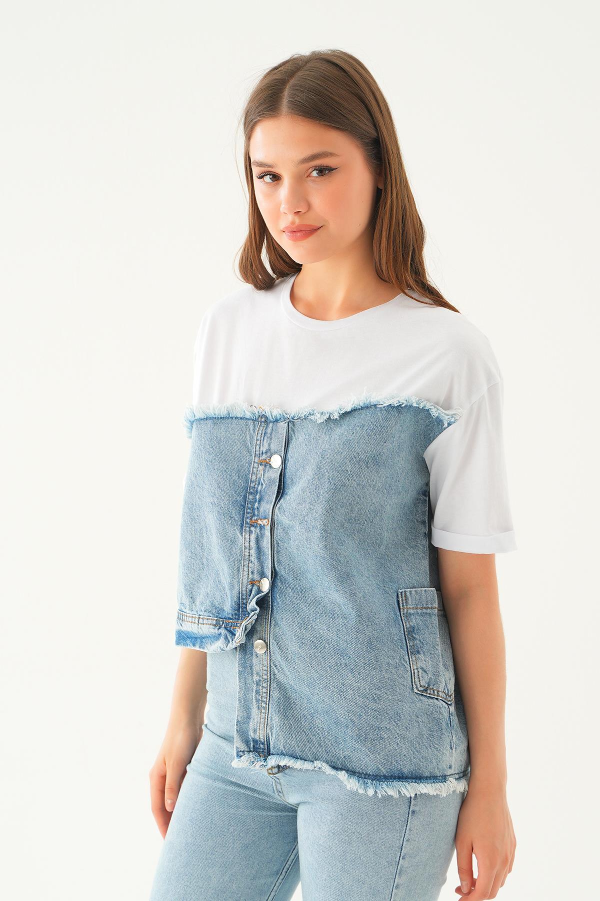 7752 Kot detay Tişört Beyaz - 4