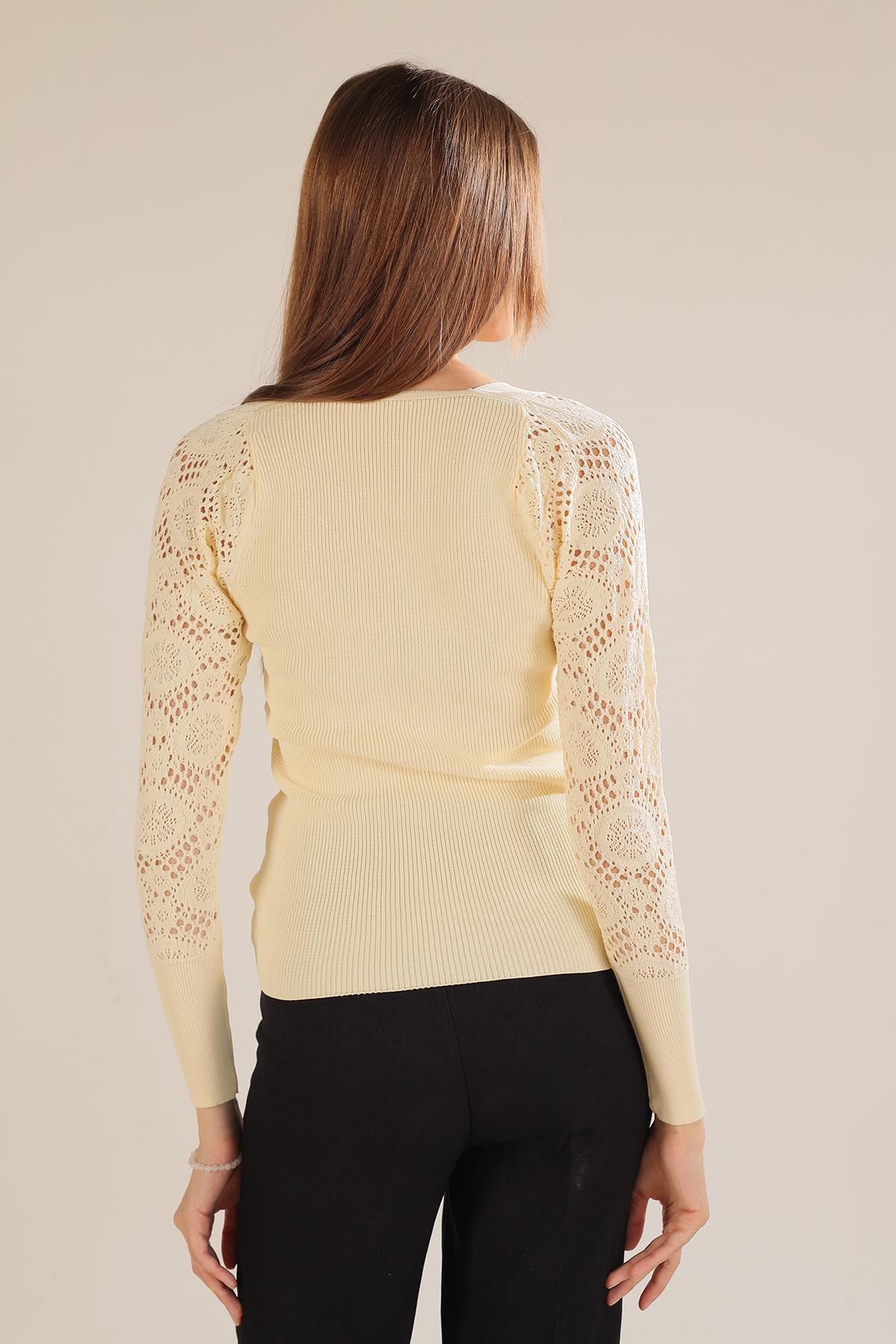 7777 Kol Dantel Detay Bluz Bej - 8