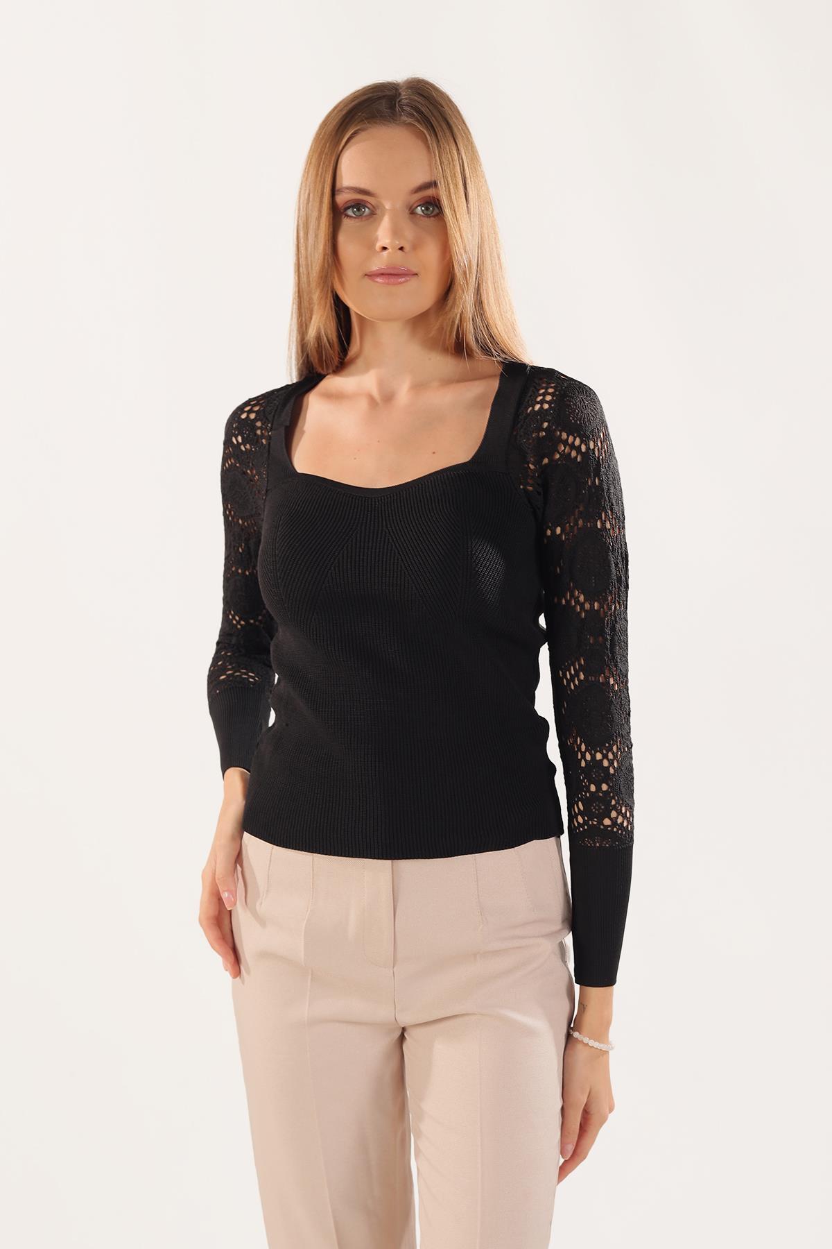 7777 Kol Dantel Detay Bluz Siyah - 4