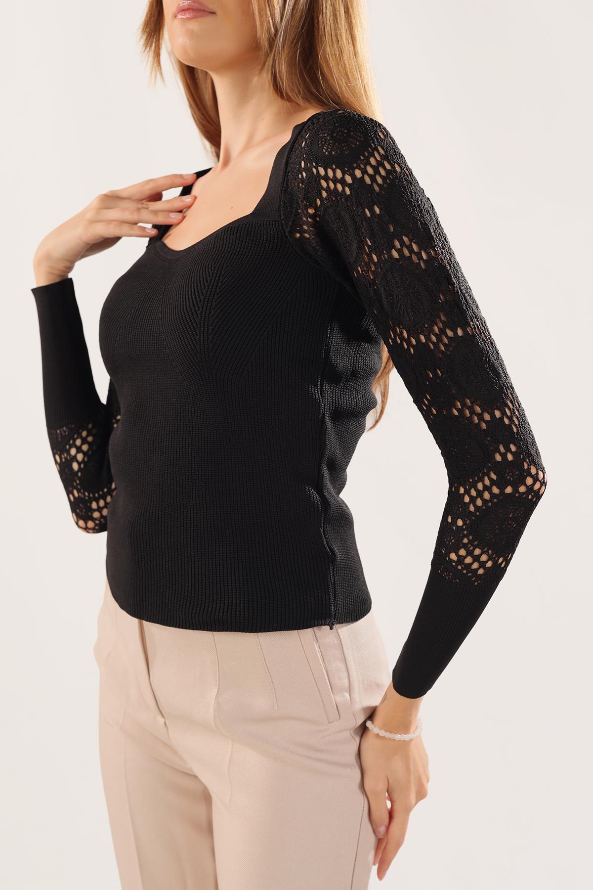 Siyah Kol Dantel Detay Kazak 7777 - 3