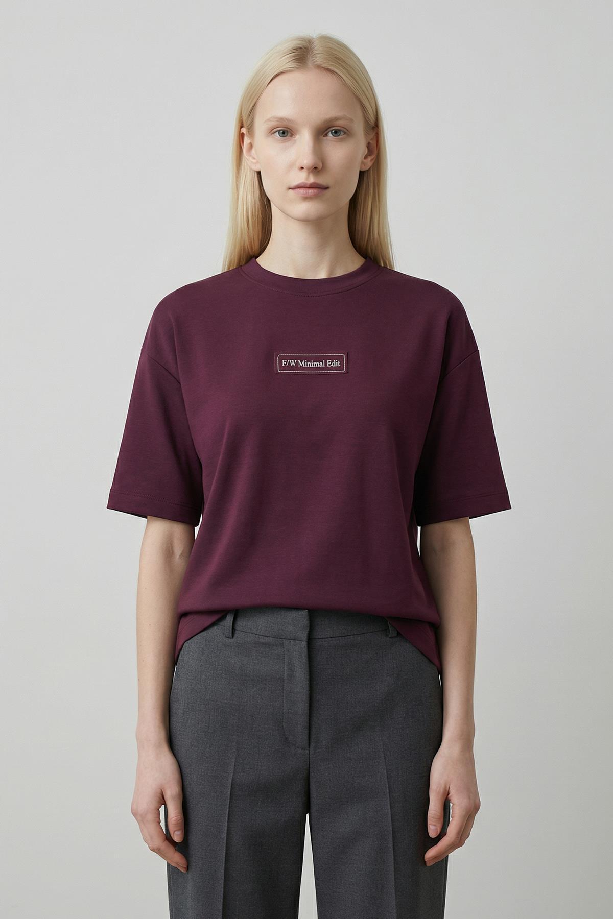 7876 Yazı Nakışlı Kısa Kol Tişört Bordo 