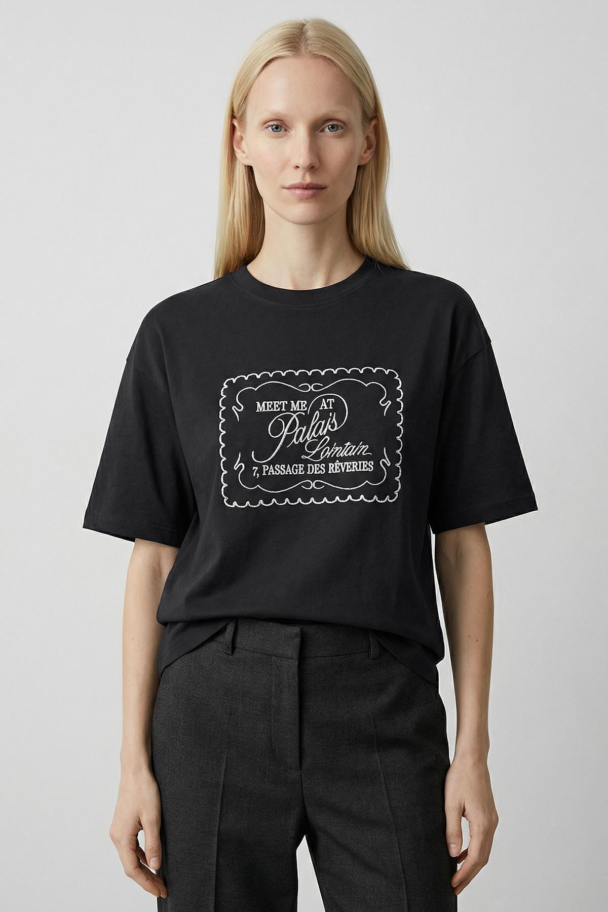 7879 Nakışlı Tişört Siyah - 1