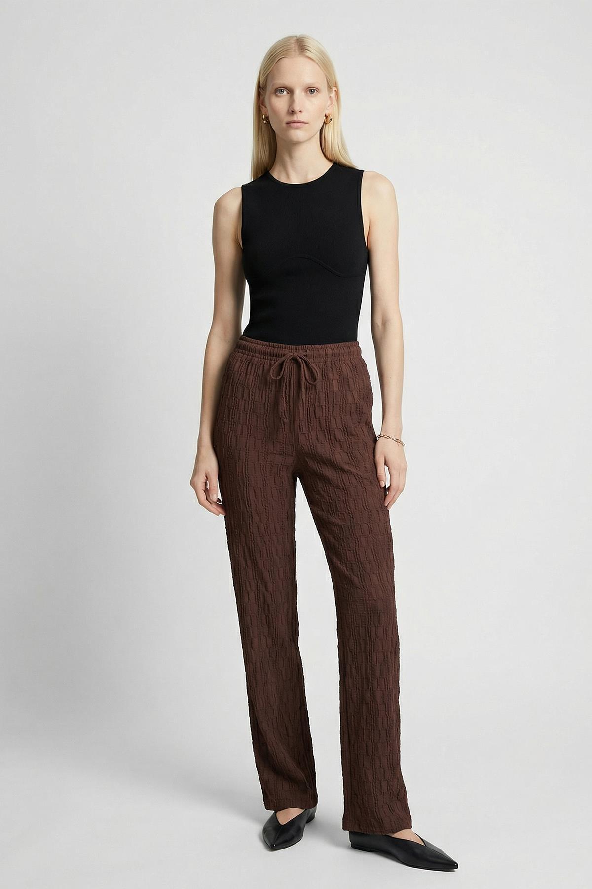 Kahve Bel Bağlamalı Yüksek Bel Pantolon 7946 