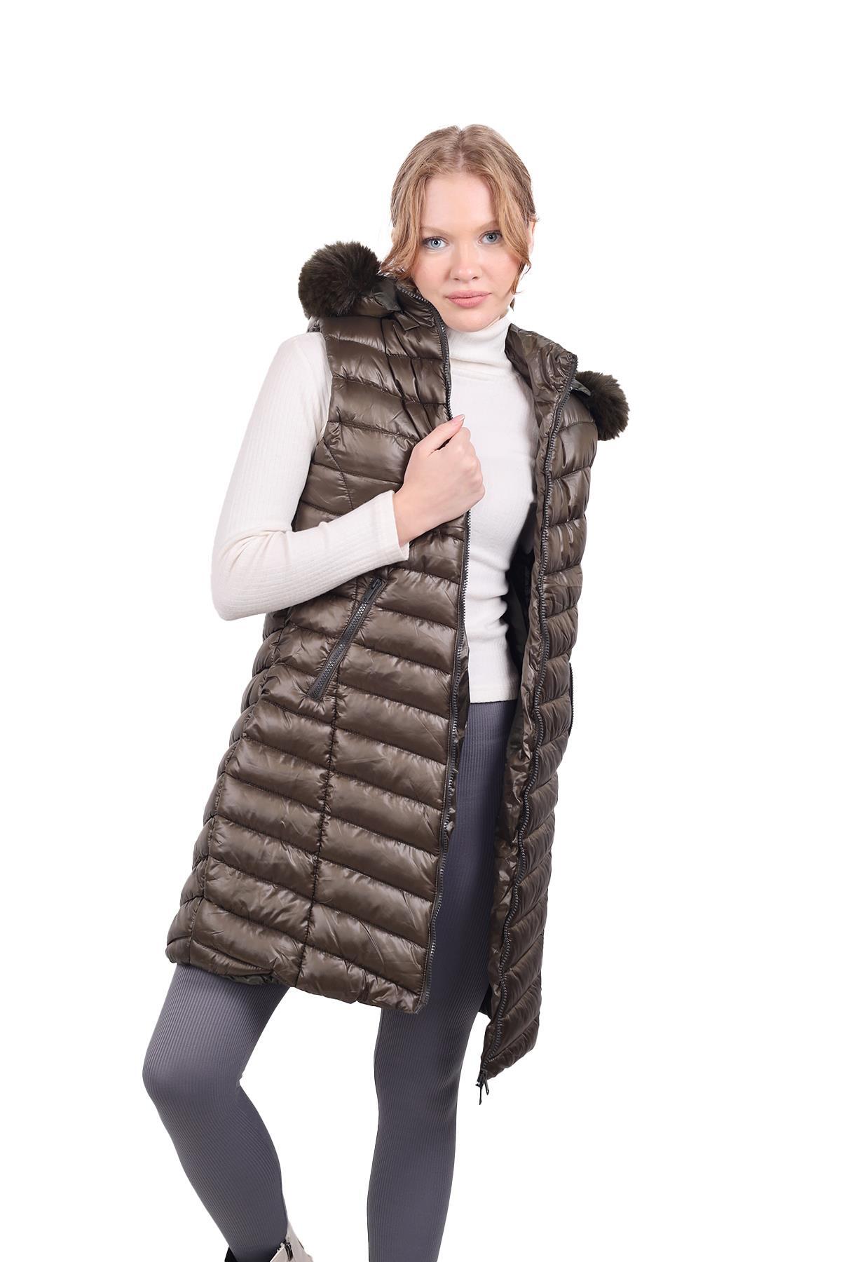 Haki Kapüşonlu Uzun Şişme Yelek 8000 